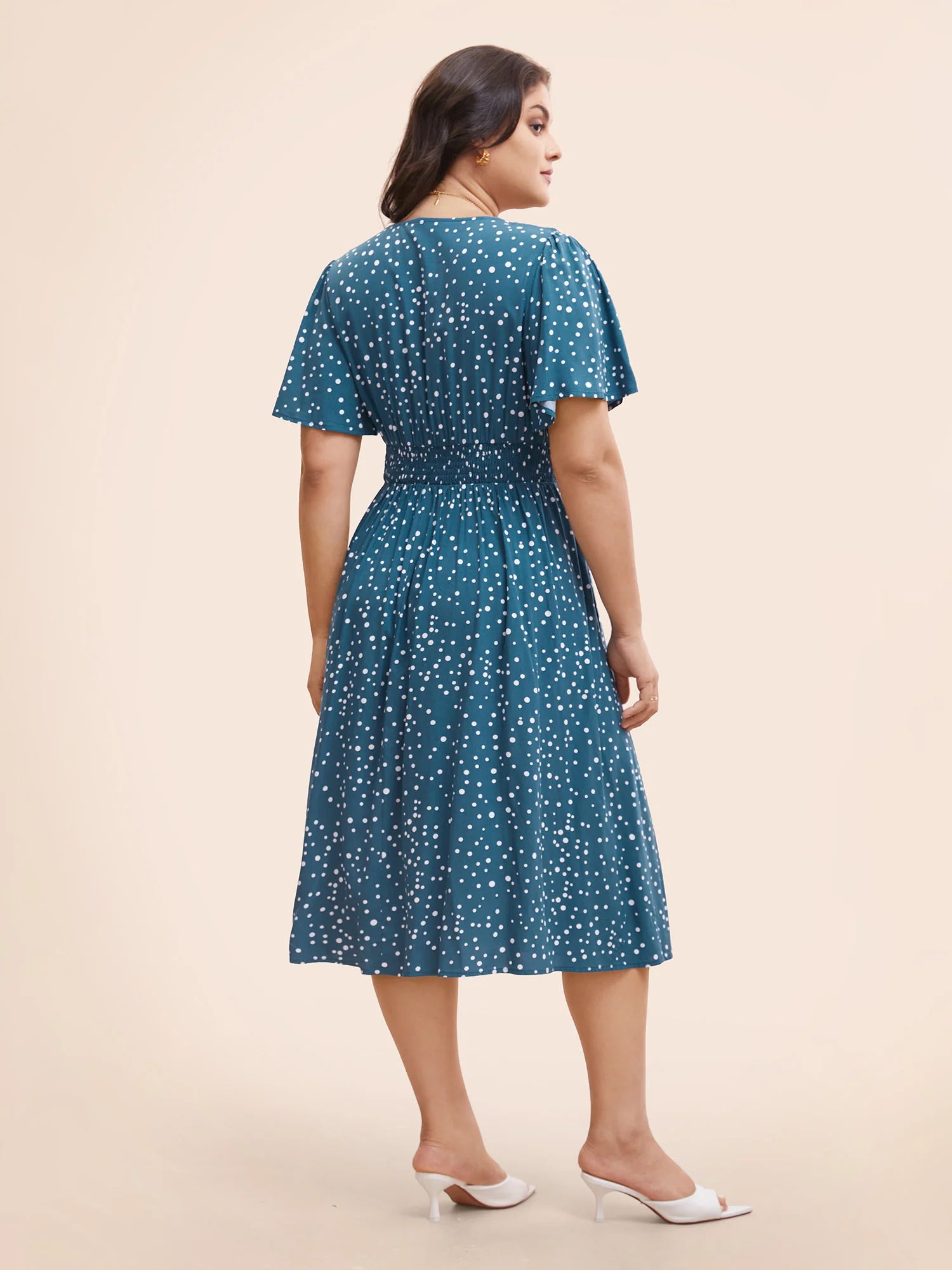 Polka Dot Wrap Pocket Shirred Ruffle Sleeve Dress - Image 4
