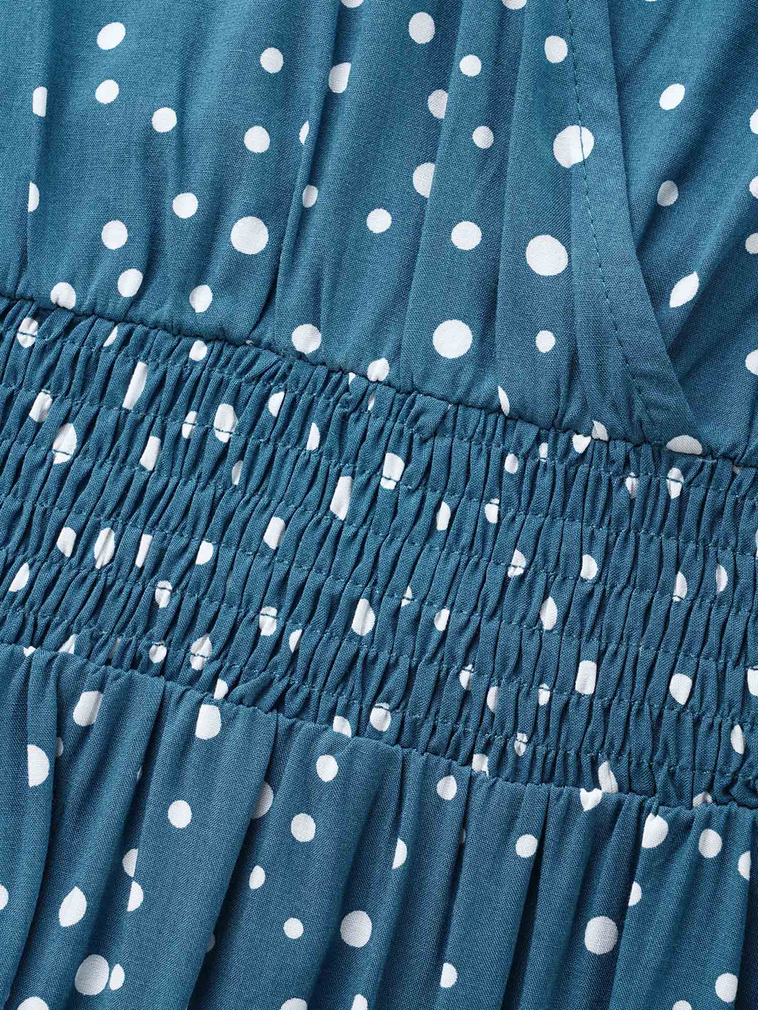Polka Dot Wrap Pocket Shirred Ruffle Sleeve Dress - Image 5