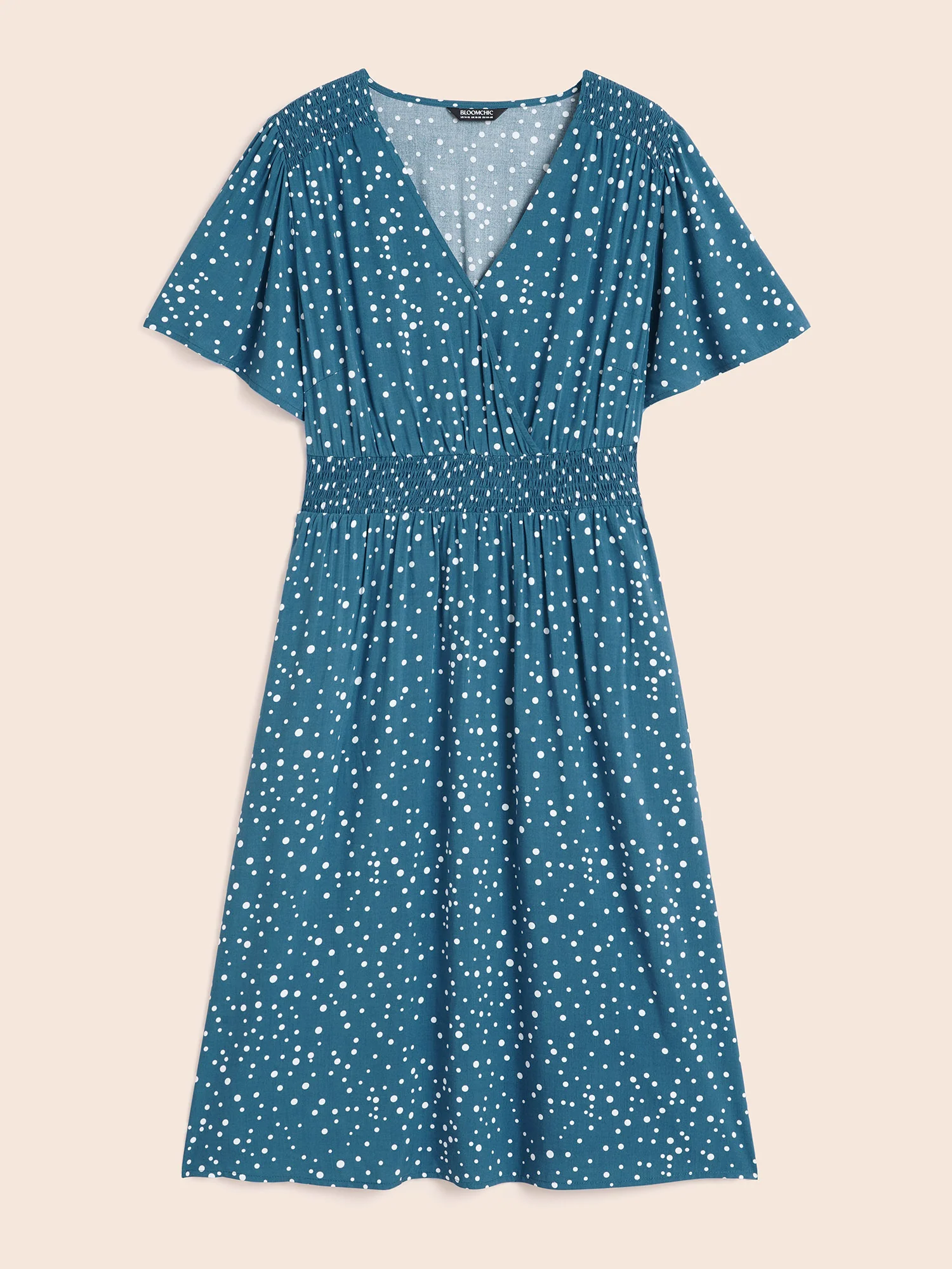 Polka Dot Wrap Pocket Shirred Ruffle Sleeve Dress - Image 7