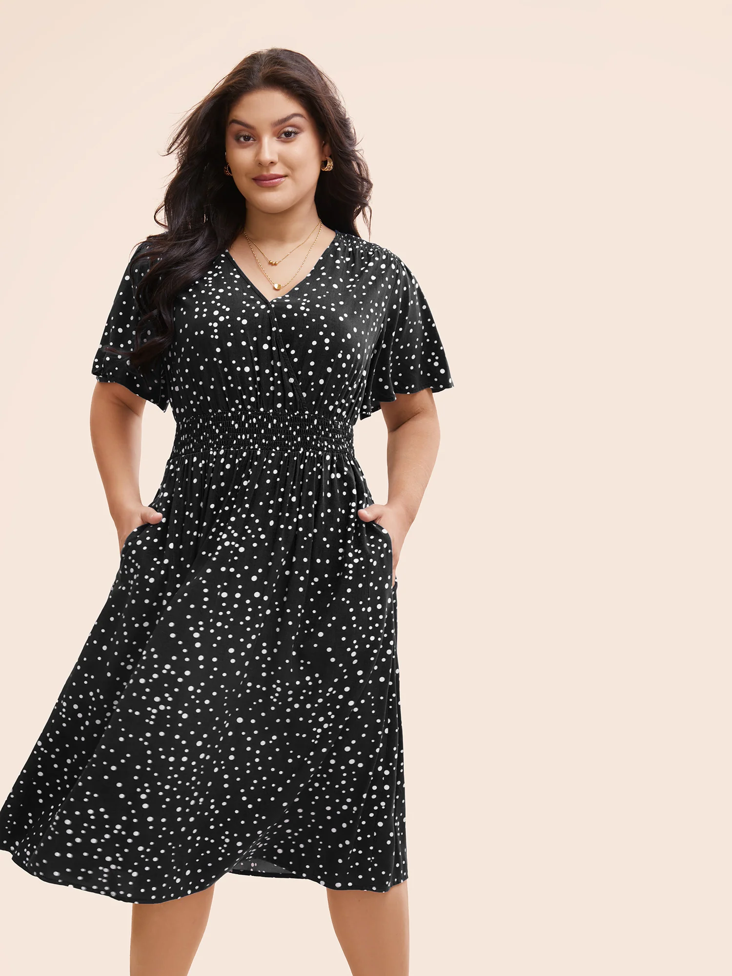 Polka Dot Wrap Pocket Shirred Ruffle Sleeve Dress - Image 8