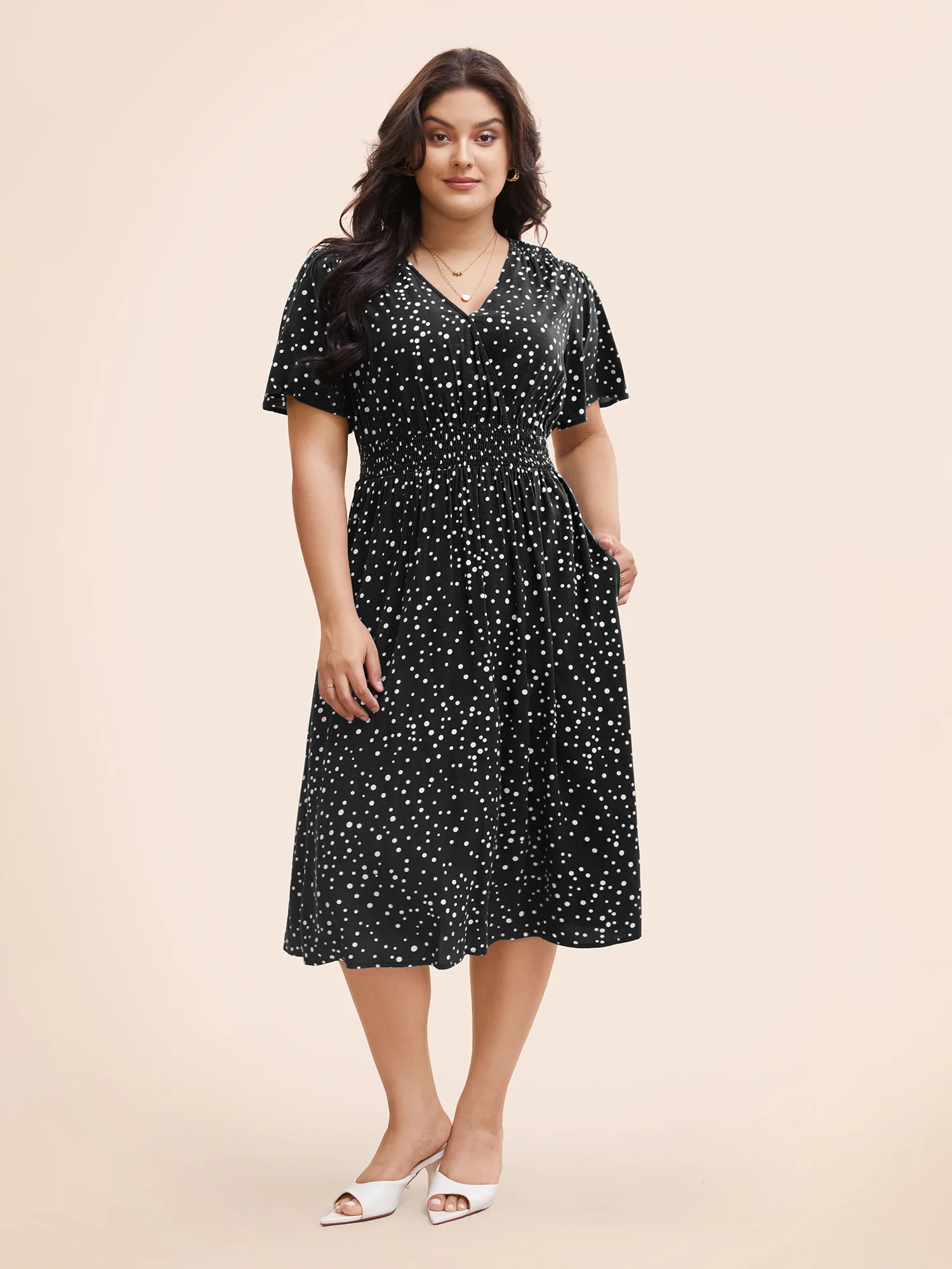 Polka Dot Wrap Pocket Shirred Ruffle Sleeve Dress - Image 9