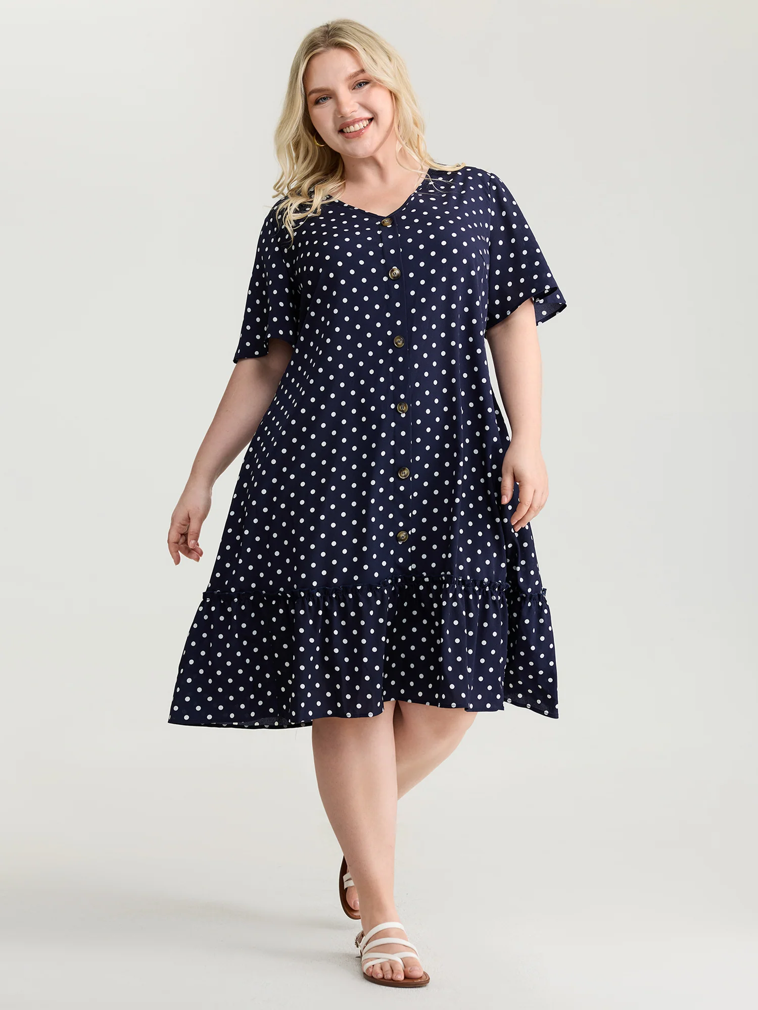 Polka Dots Charm Button Detail Mini Dress - Image 3