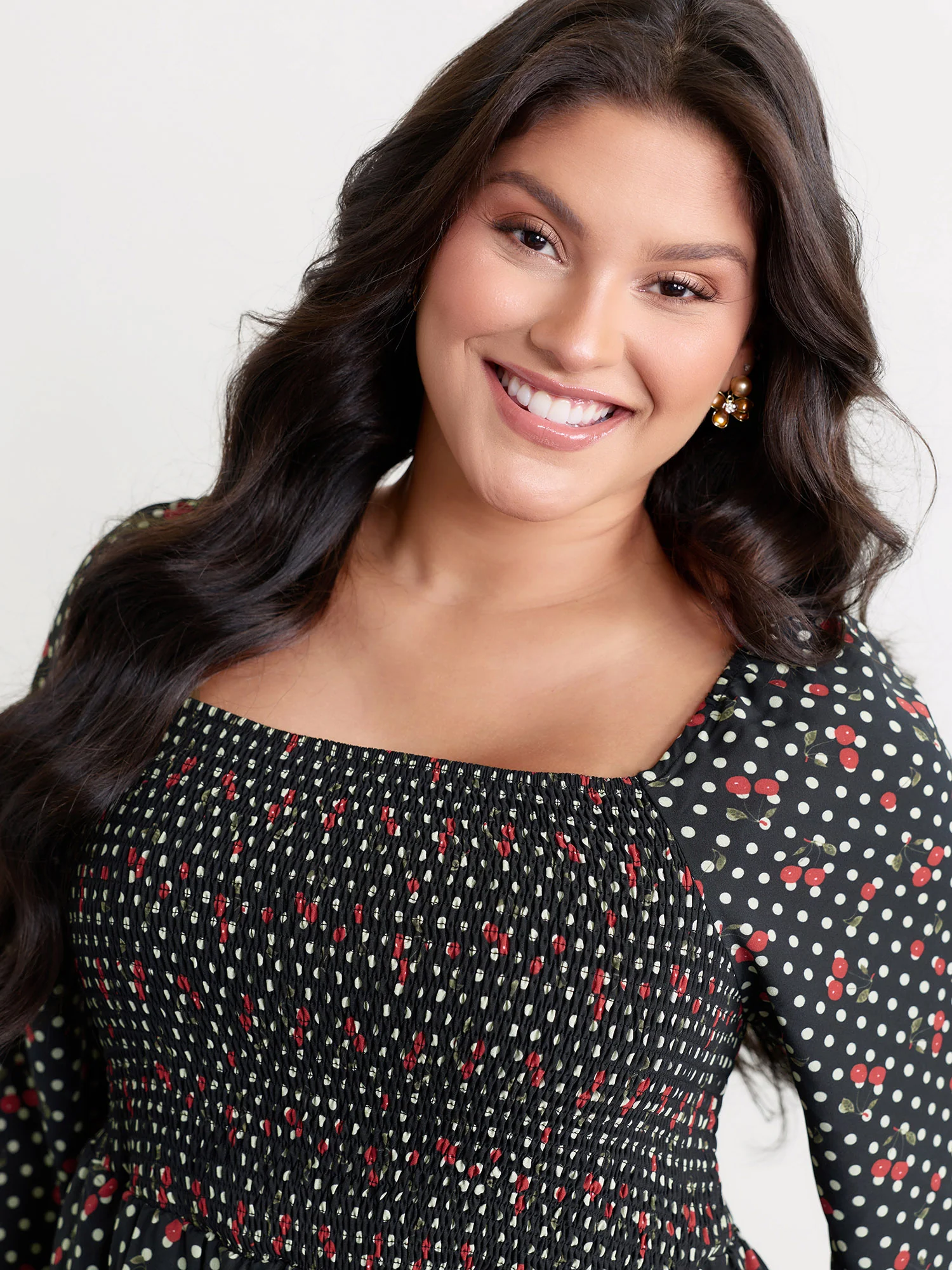Polka Dots Cherry Shirred Bodice Knee Dress - Image 2