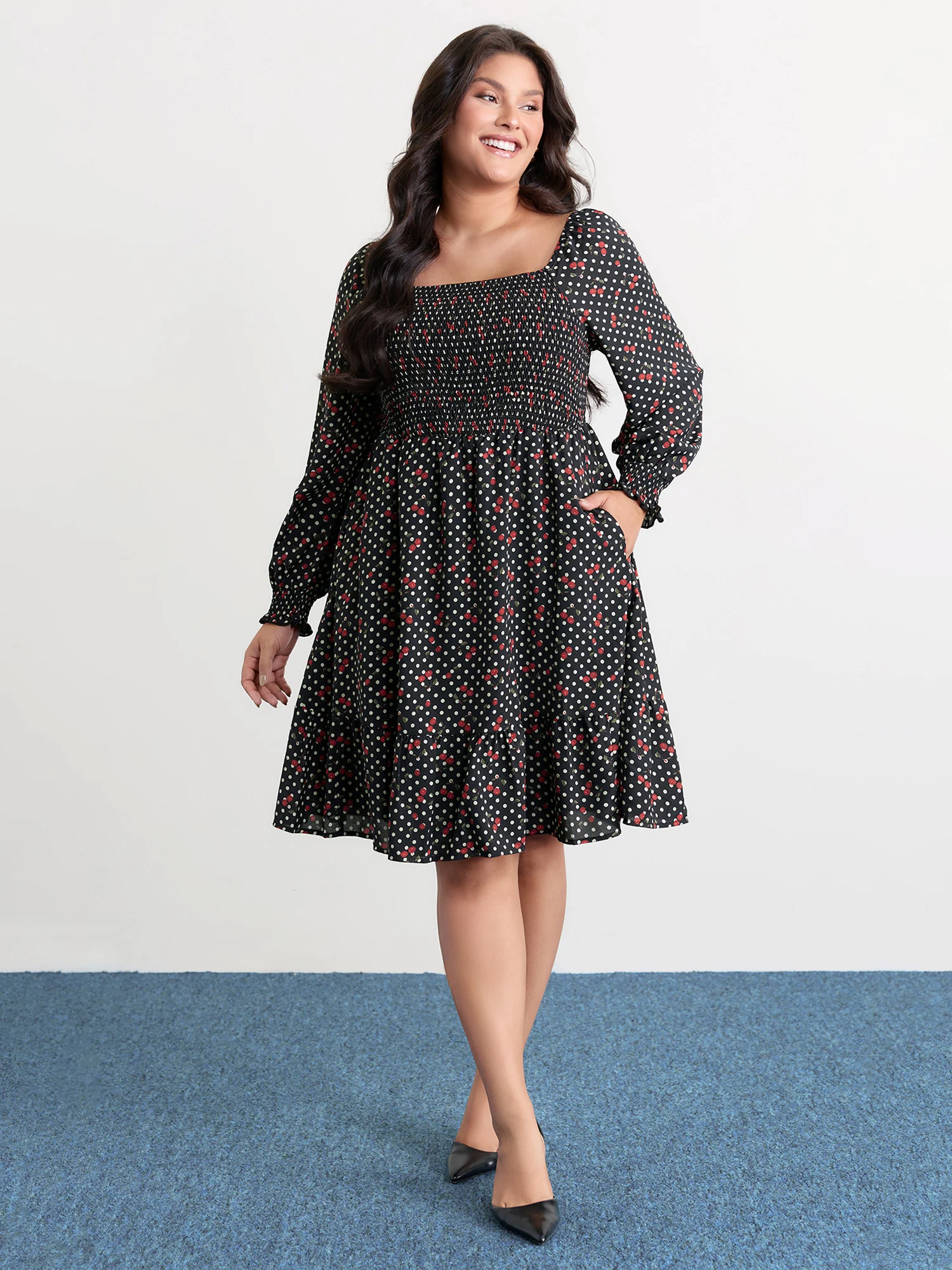 Polka Dots Cherry Shirred Bodice Knee Dress - Image 3