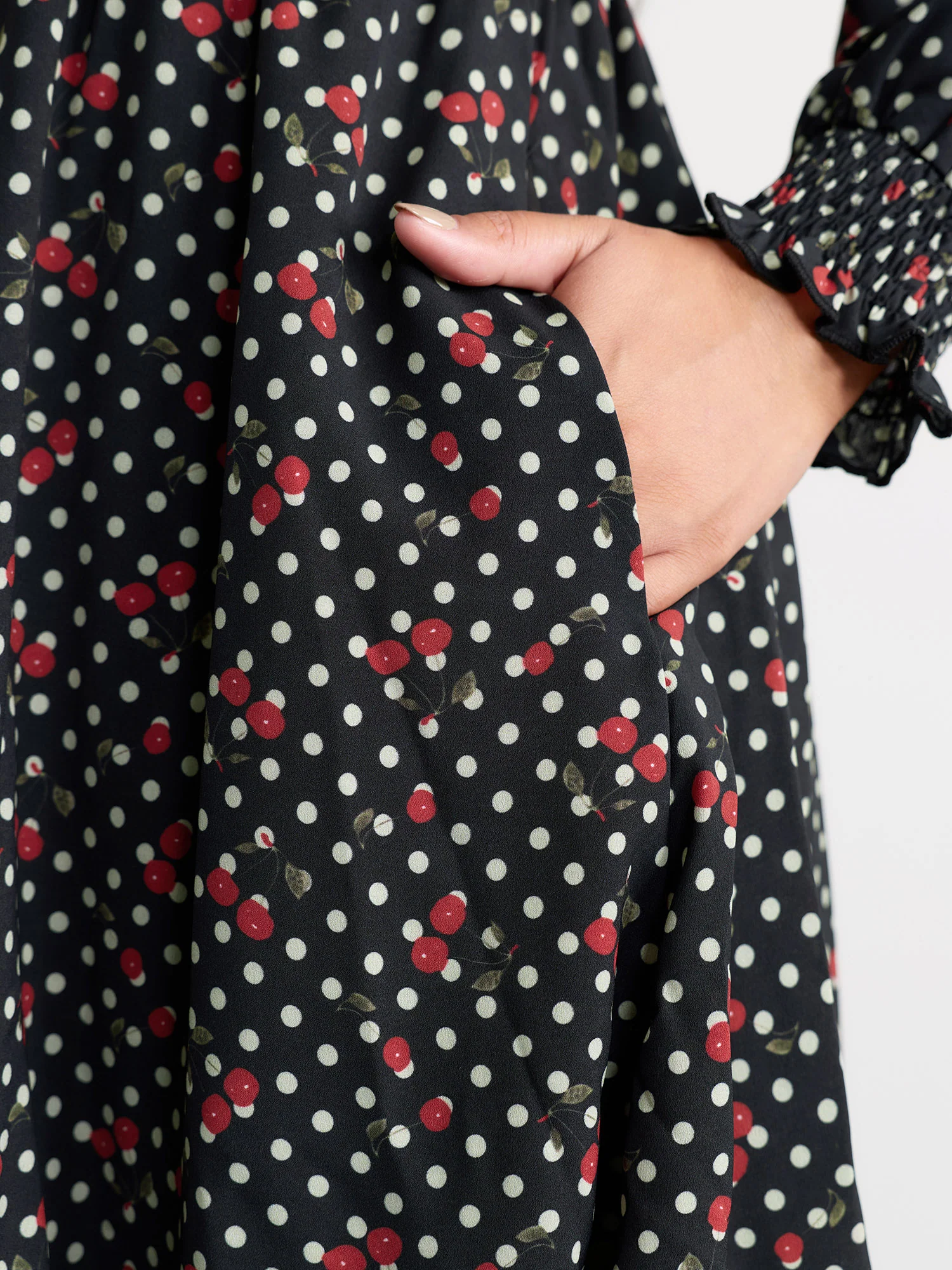 Polka Dots Cherry Shirred Bodice Knee Dress - Image 4