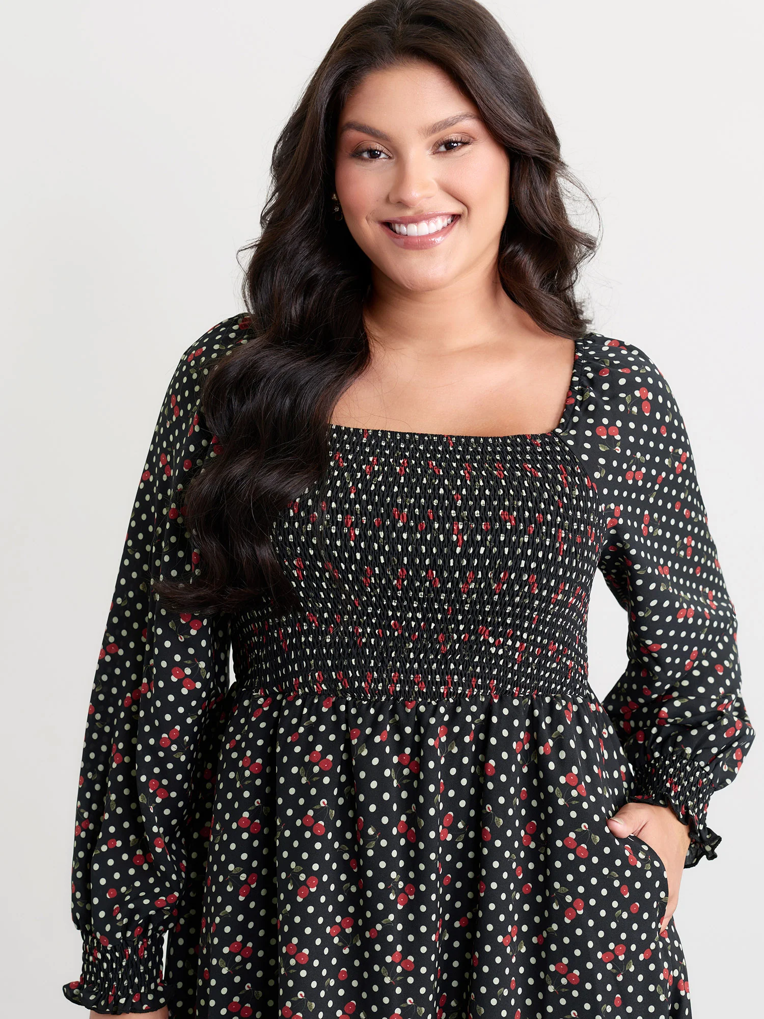 Polka Dots Cherry Shirred Bodice Knee Dress - Image 5