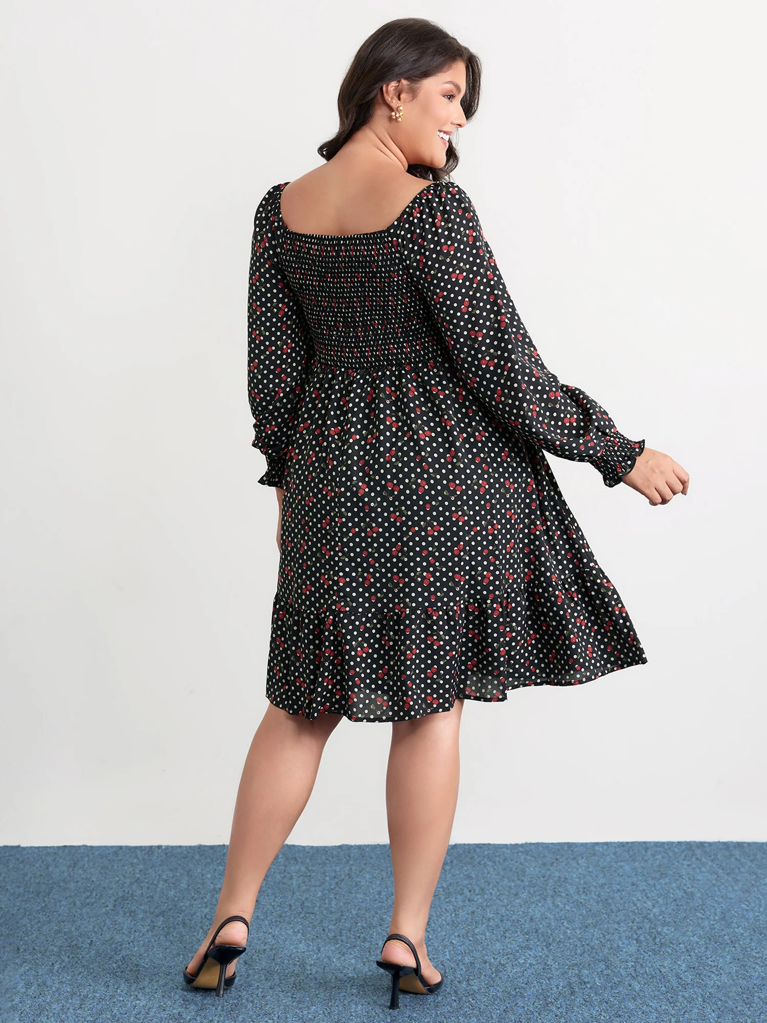 Polka Dots Cherry Shirred Bodice Knee Dress - Image 6