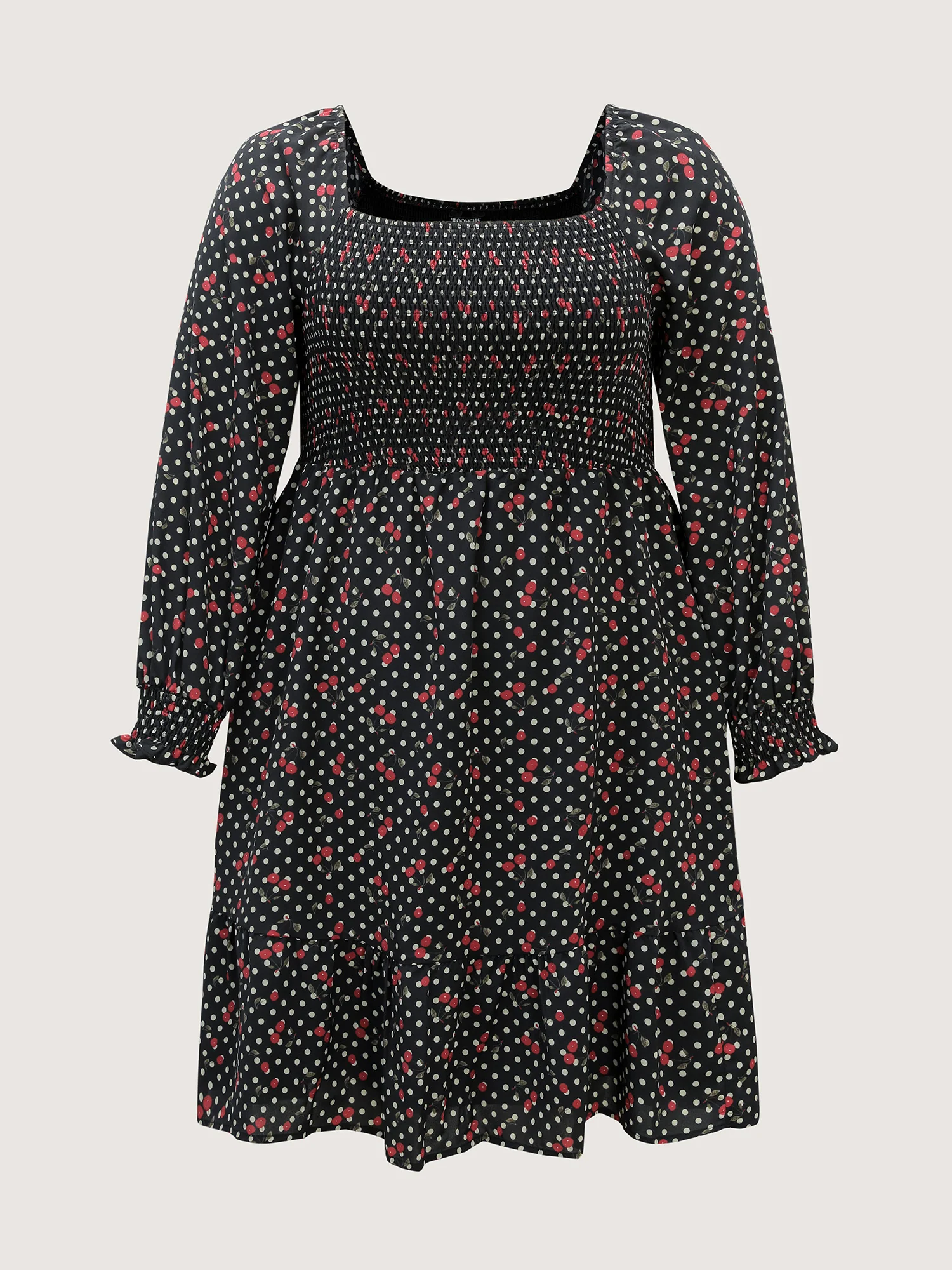 Polka Dots Cherry Shirred Bodice Knee Dress - Image 7