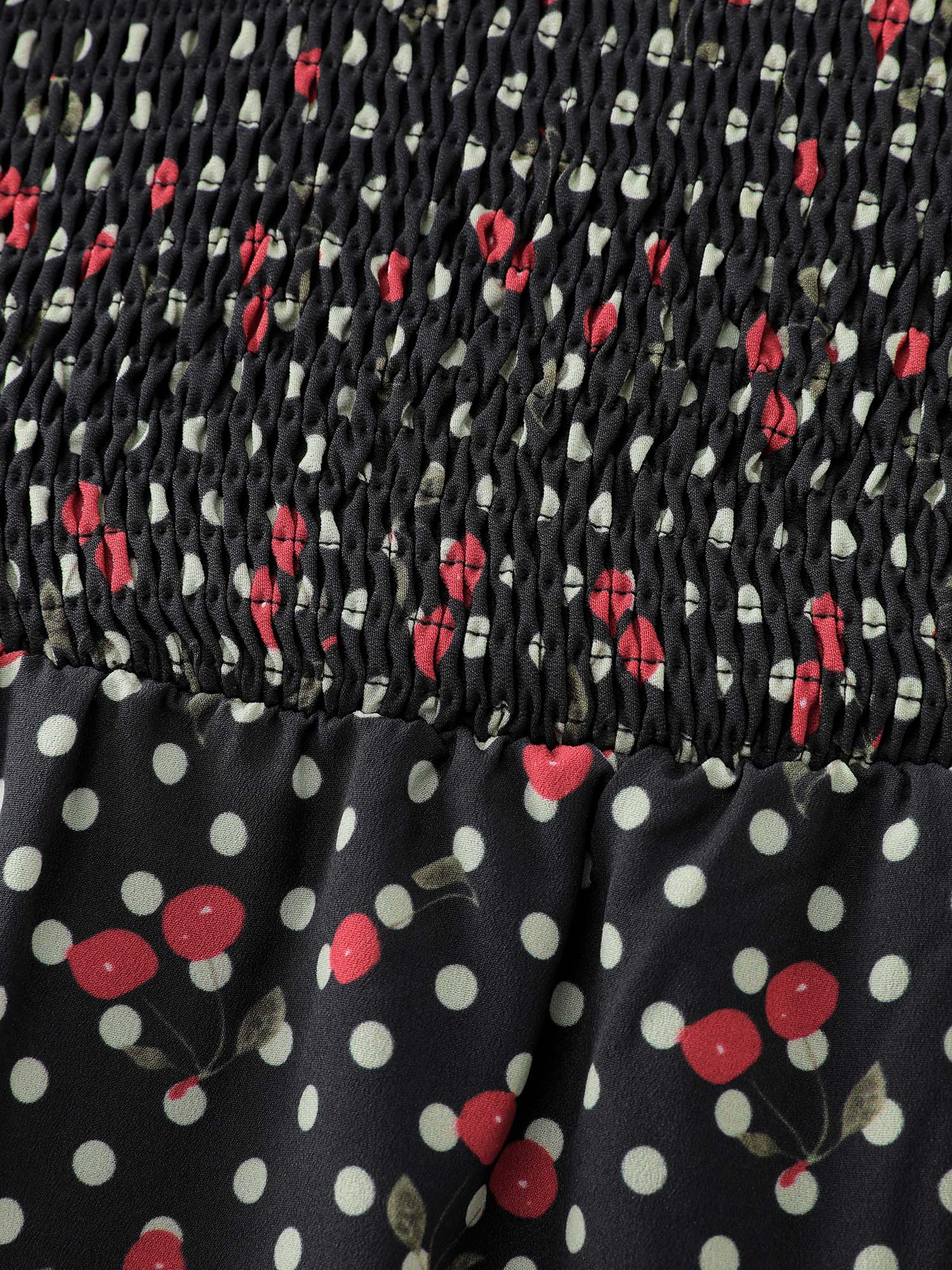 Polka Dots Cherry Shirred Bodice Knee Dress - Image 8