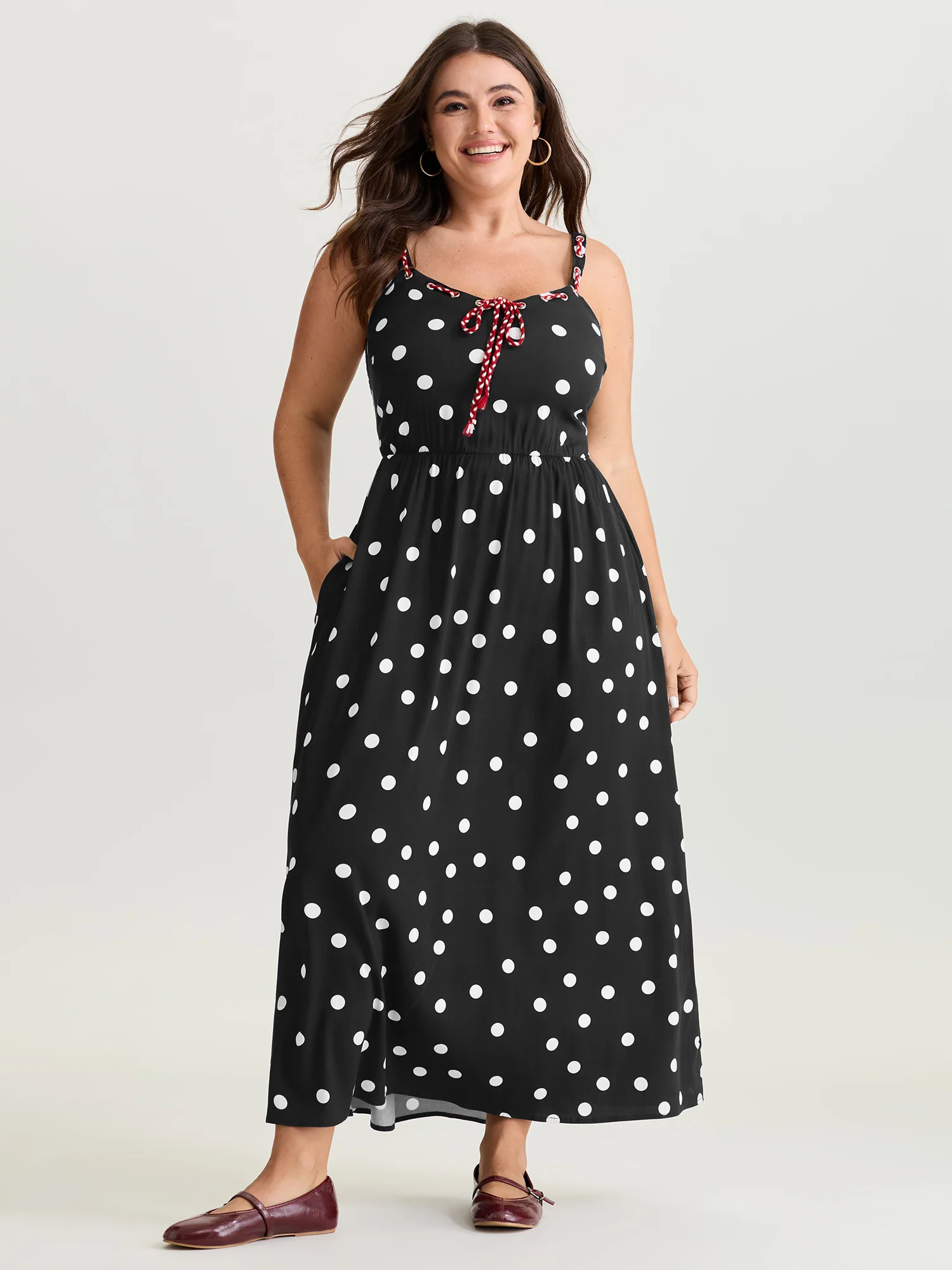Polka Dots Color Contrast Tie Maxi Dress - Image 3