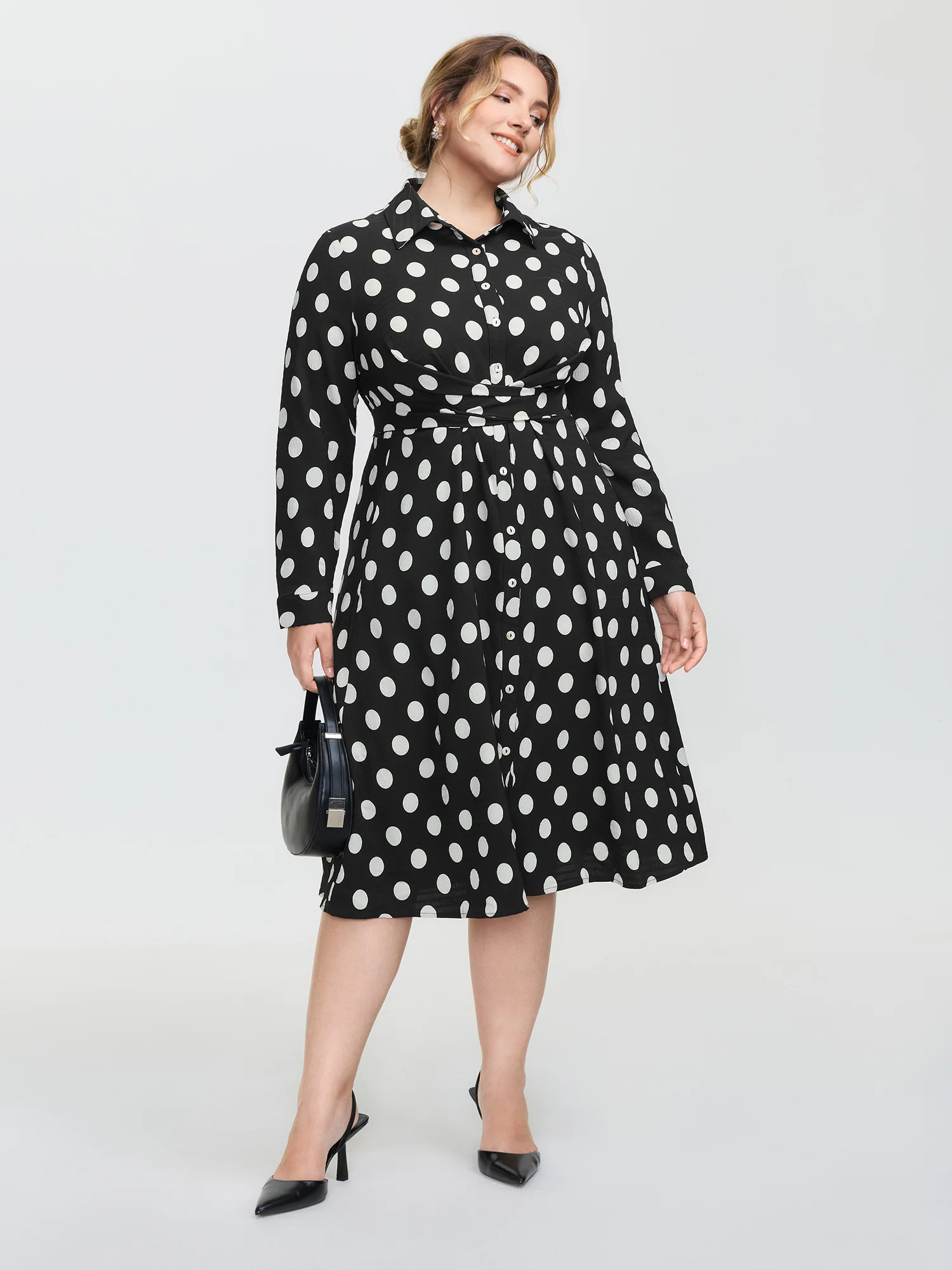 Polka Dots Crossover Pleated Waist Midi Dress - Image 3