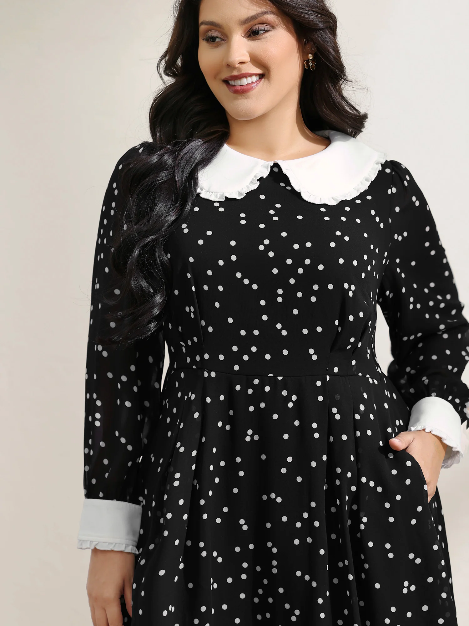 Polka Dots Doll Collar Contrast Midi Dress - Image 2