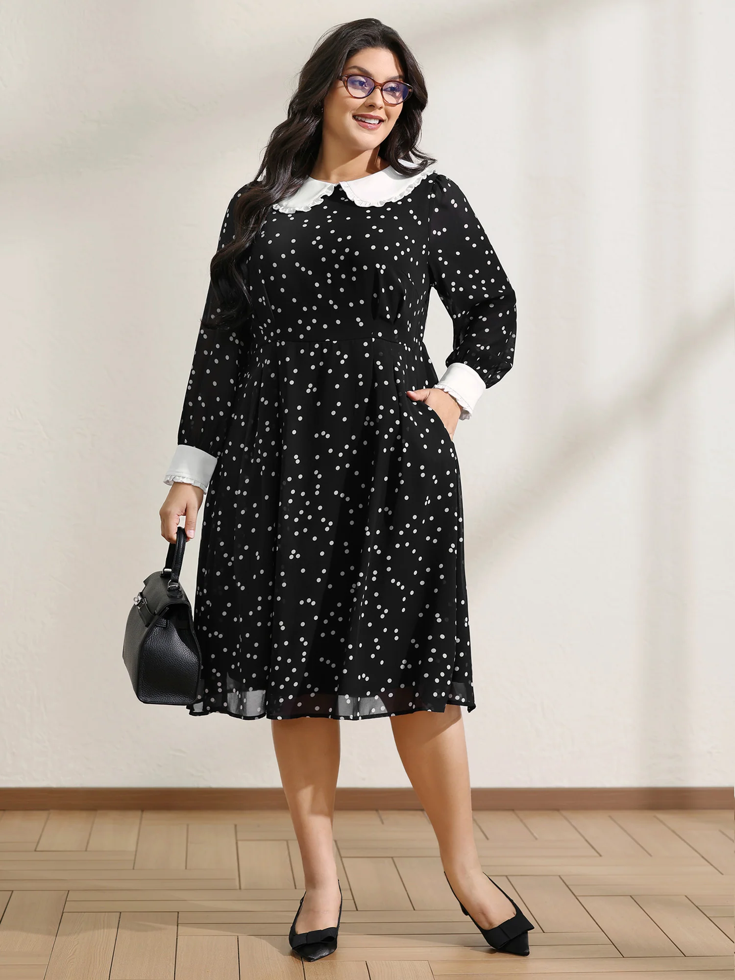 Polka Dots Doll Collar Contrast Midi Dress - Image 3