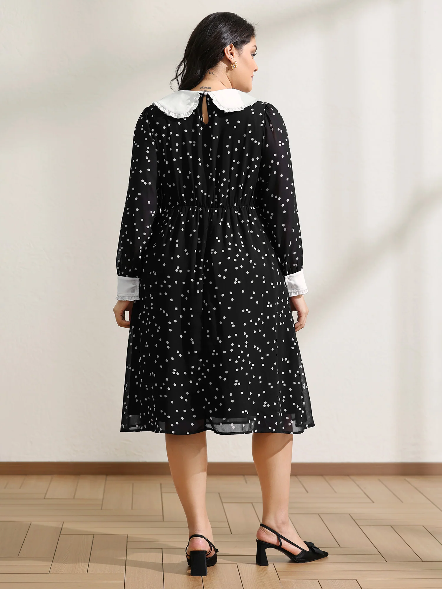Polka Dots Doll Collar Contrast Midi Dress - Image 4