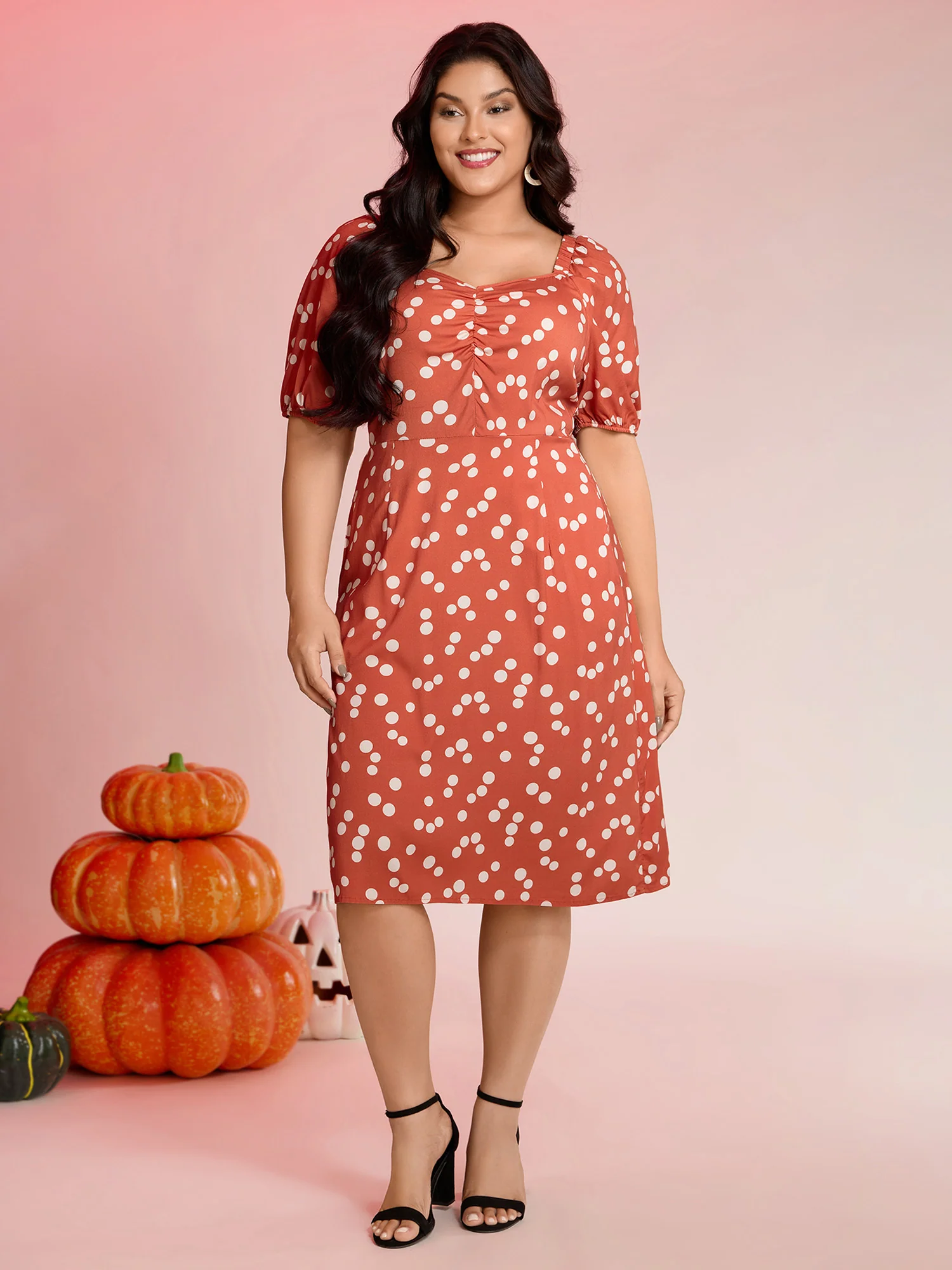 Polka Dots Gathered Bust Pockets Midi Dress - Image 3