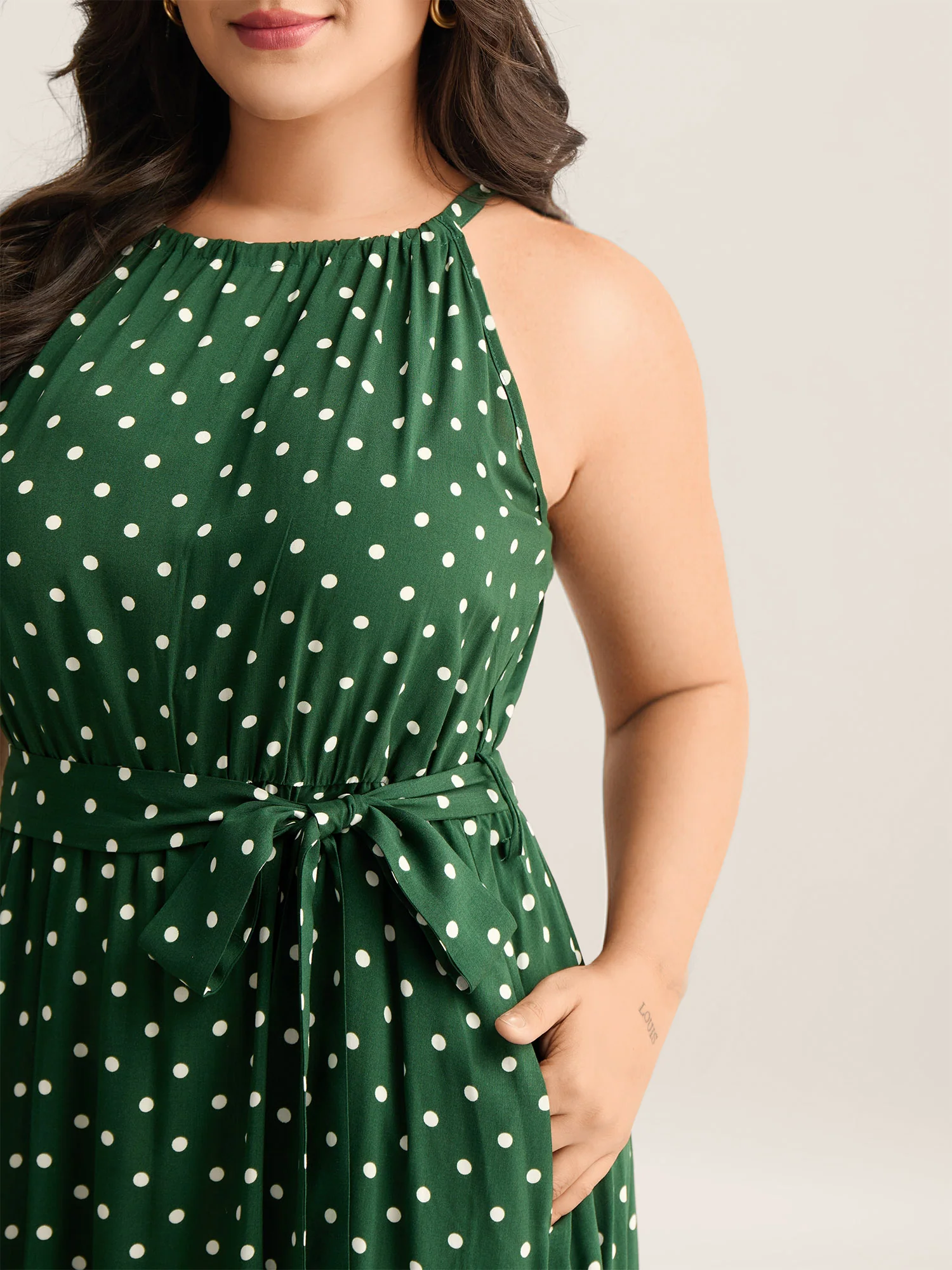 Polka Dots Halter Neck Belted Midi Dress - Image 2