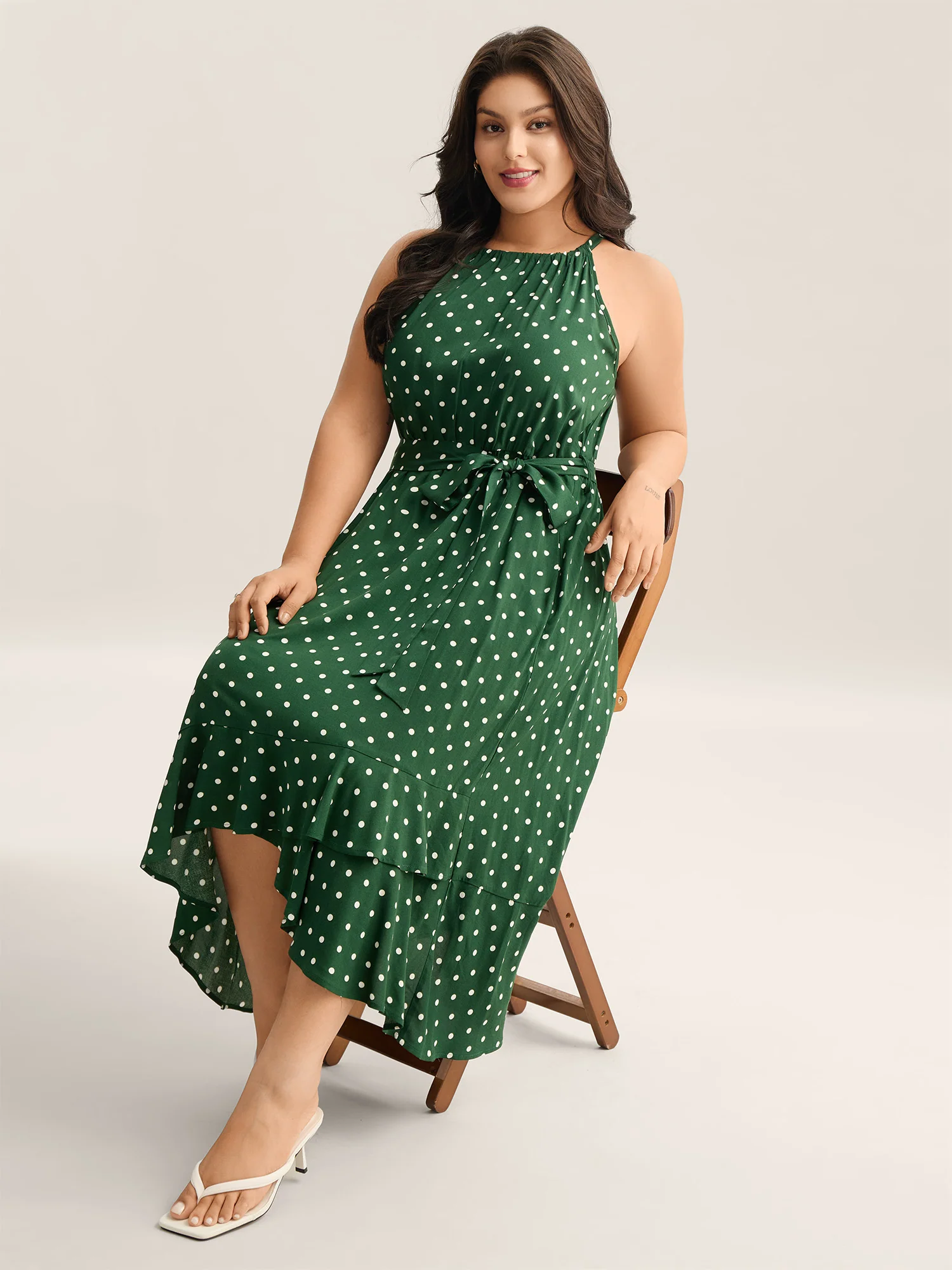 Polka Dots Halter Neck Belted Midi Dress - Image 3