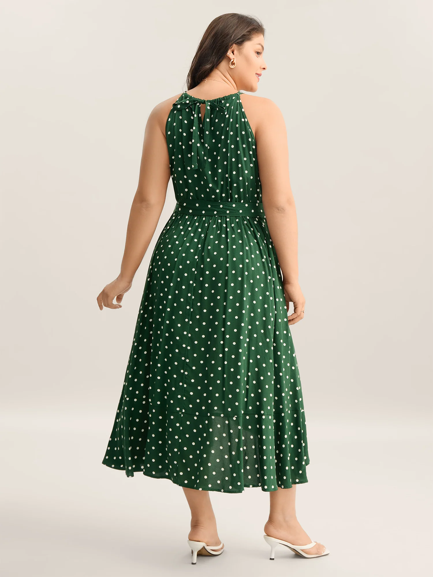 Polka Dots Halter Neck Belted Midi Dress - Image 4
