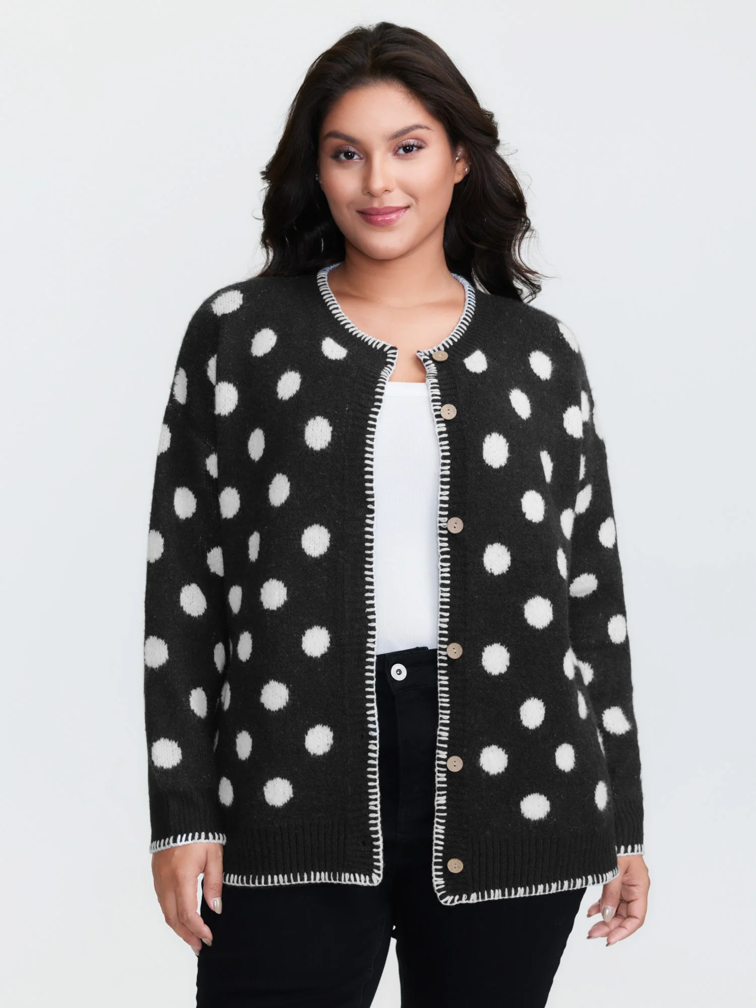 Polka Dots Jacquard Buttons Knit Cardigan - Image 10