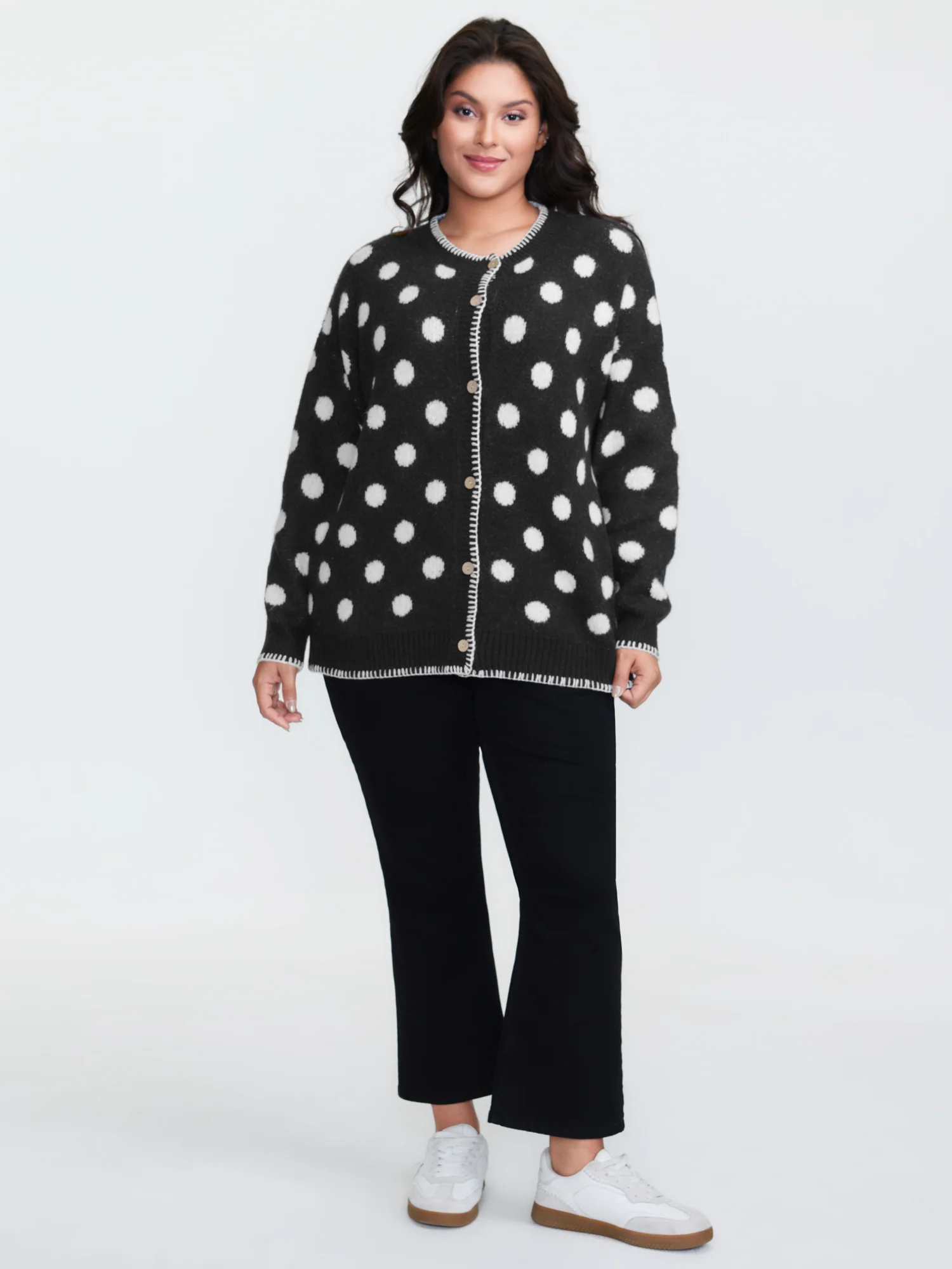 Polka Dots Jacquard Buttons Knit Cardigan - Image 12