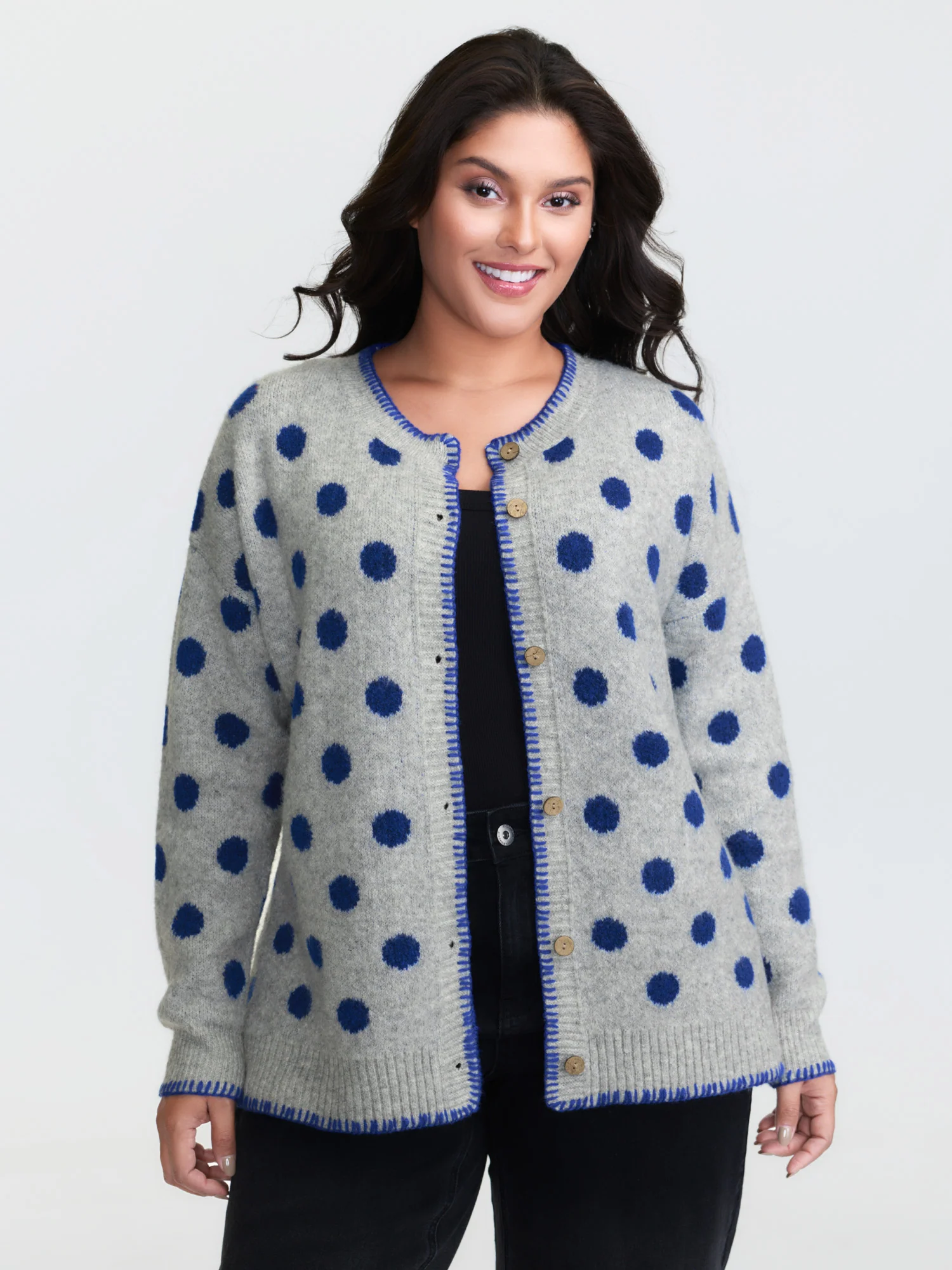Polka Dots Jacquard Buttons Knit Cardigan - Image 14