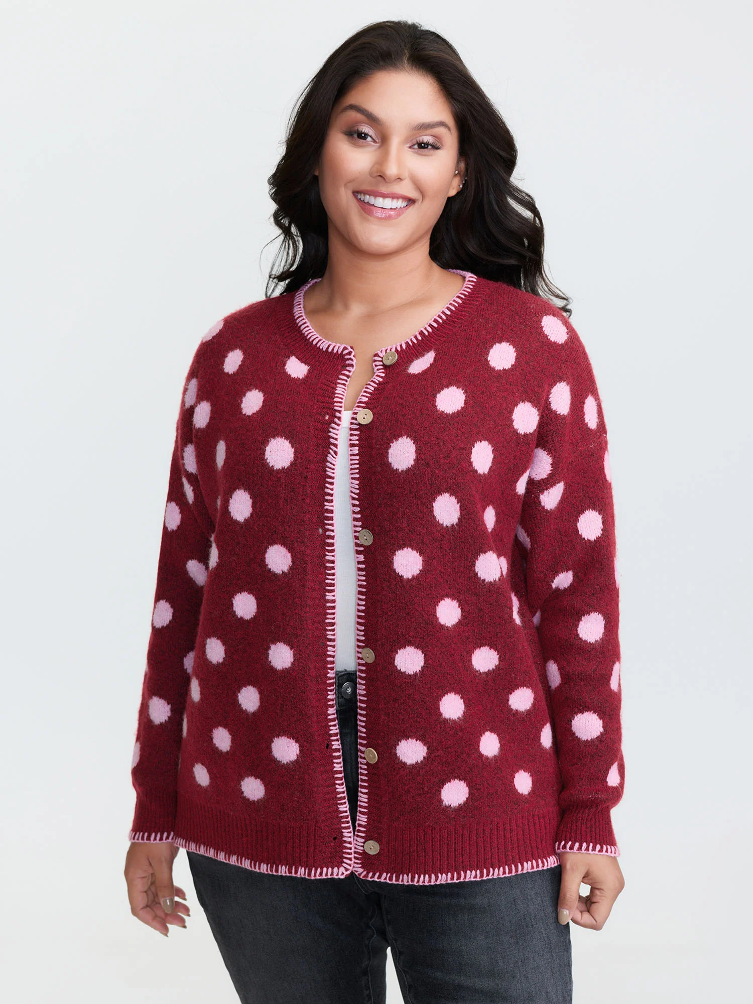 Polka Dots Jacquard Buttons Knit Cardigan - Image 18