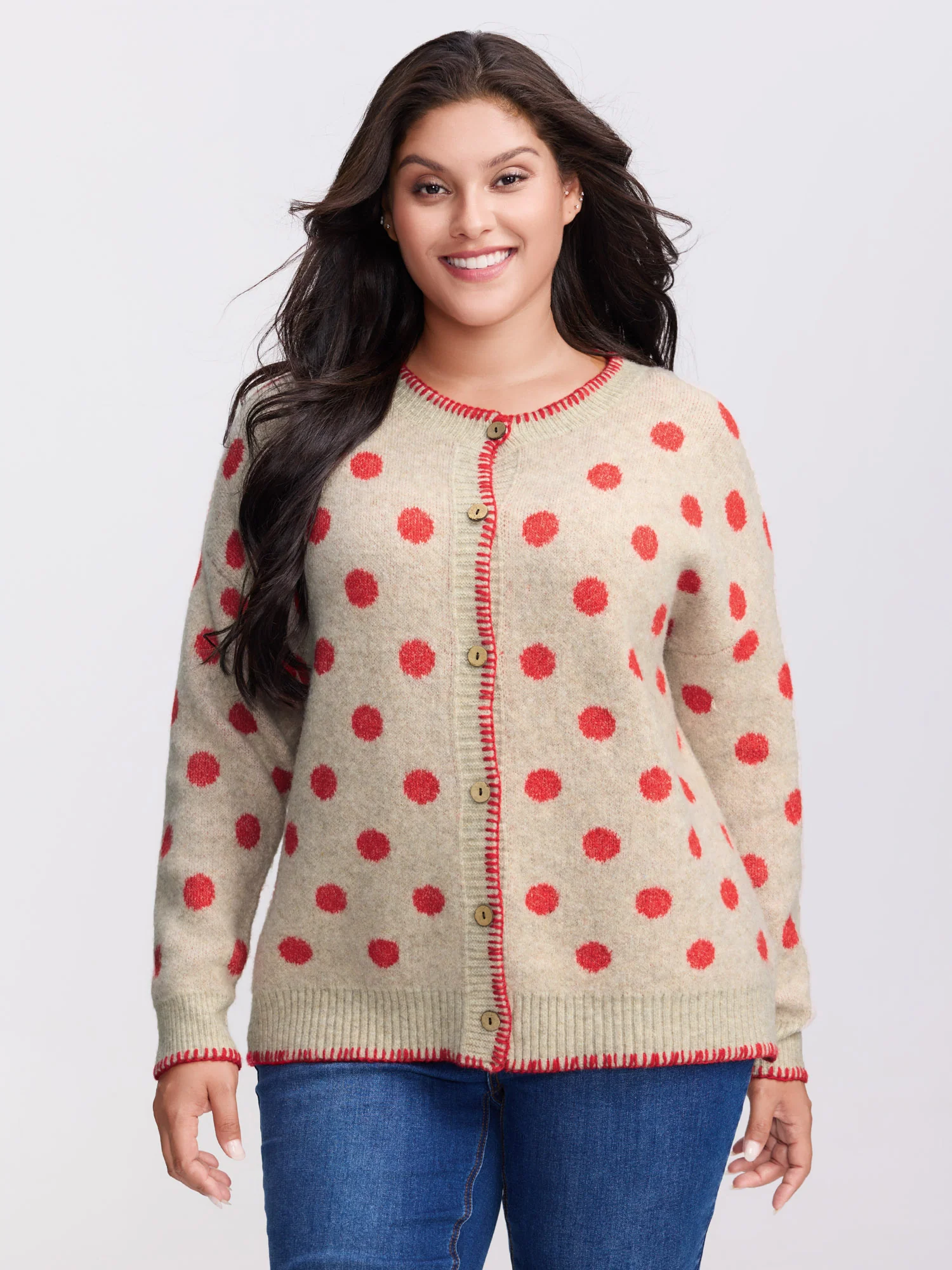 Polka Dots Jacquard Buttons Knit Cardigan - Image 2