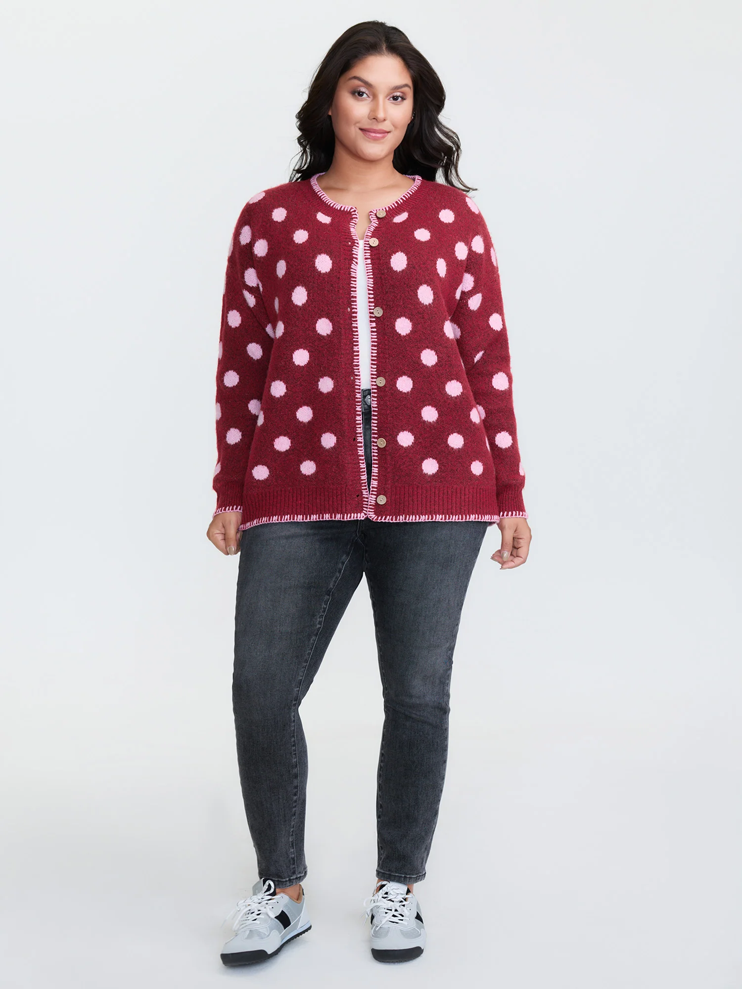 Polka Dots Jacquard Buttons Knit Cardigan - Image 20