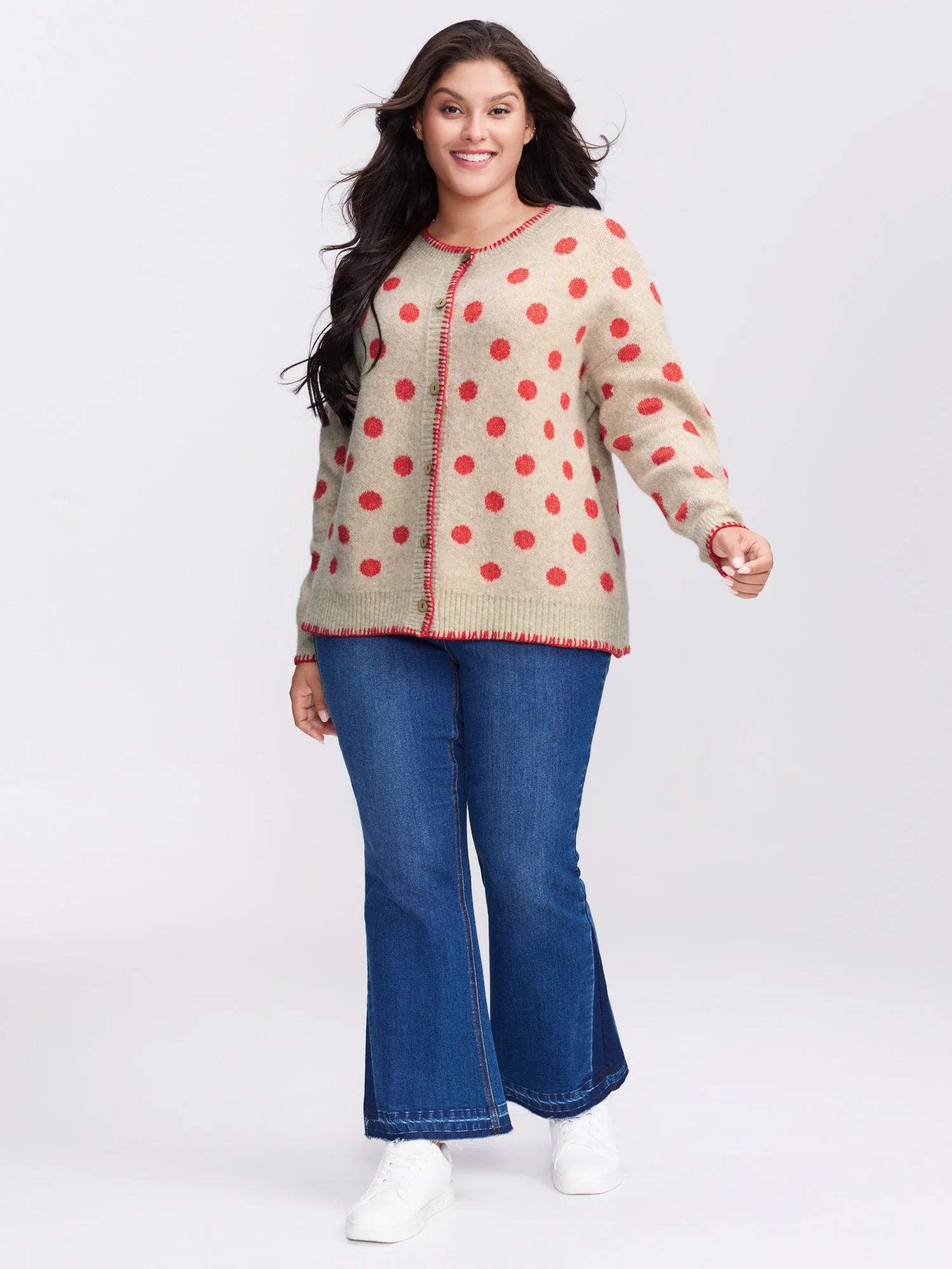 Polka Dots Jacquard Buttons Knit Cardigan - Image 3