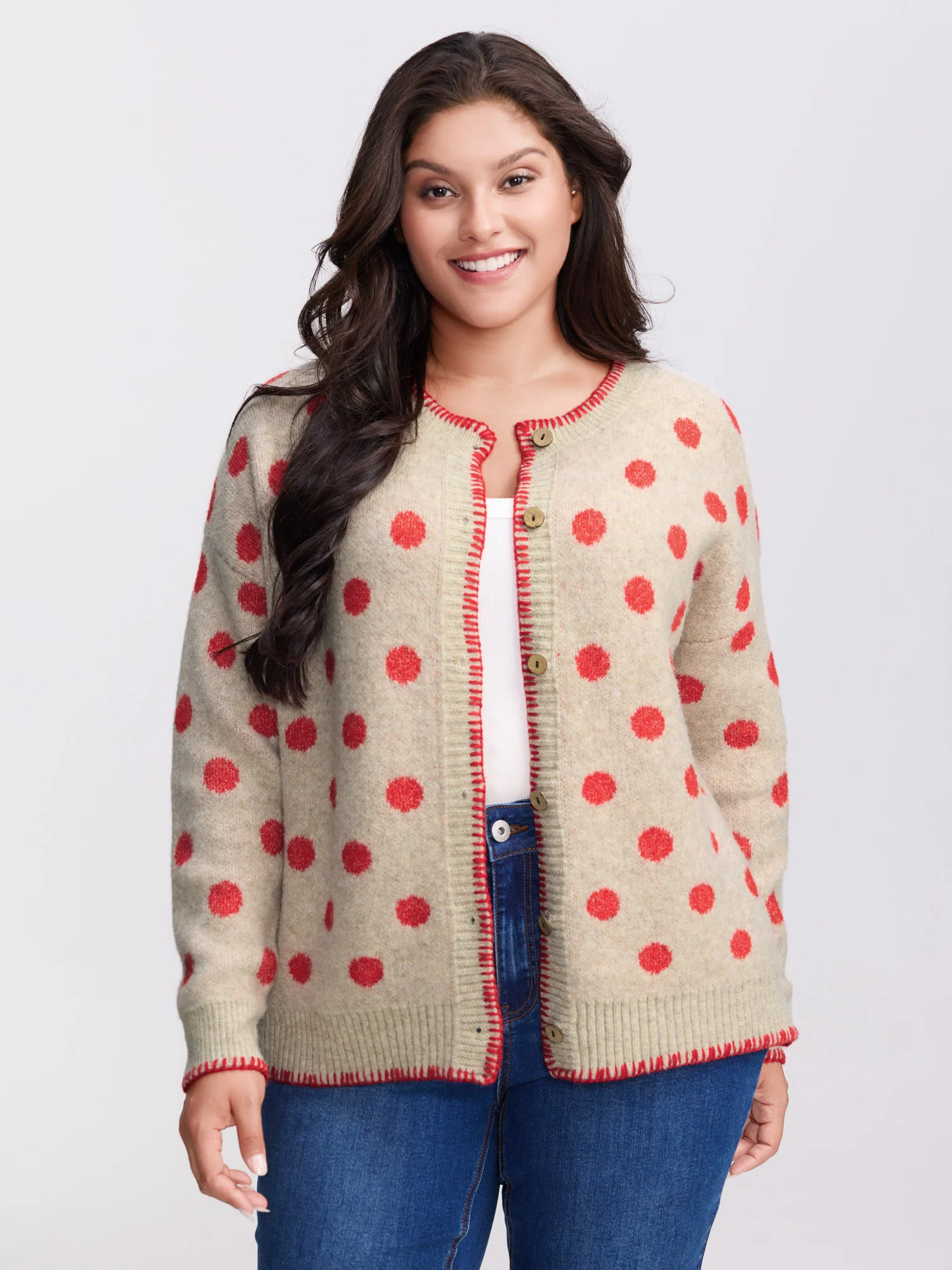 Polka Dots Jacquard Buttons Knit Cardigan - Image 4