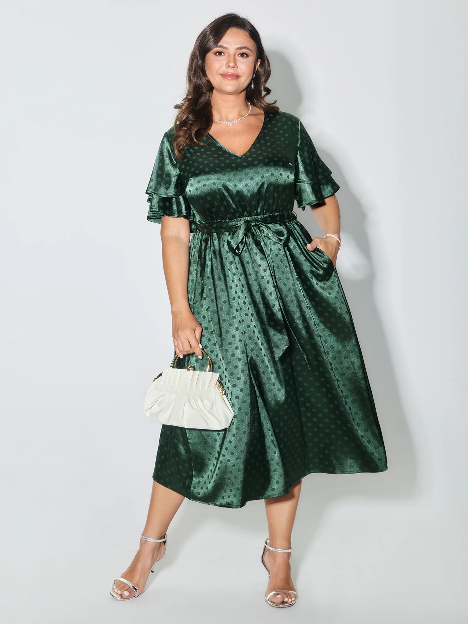 Polka Dots Jacquard Layered Ruffled Sleeve Midi Dress - Image 3