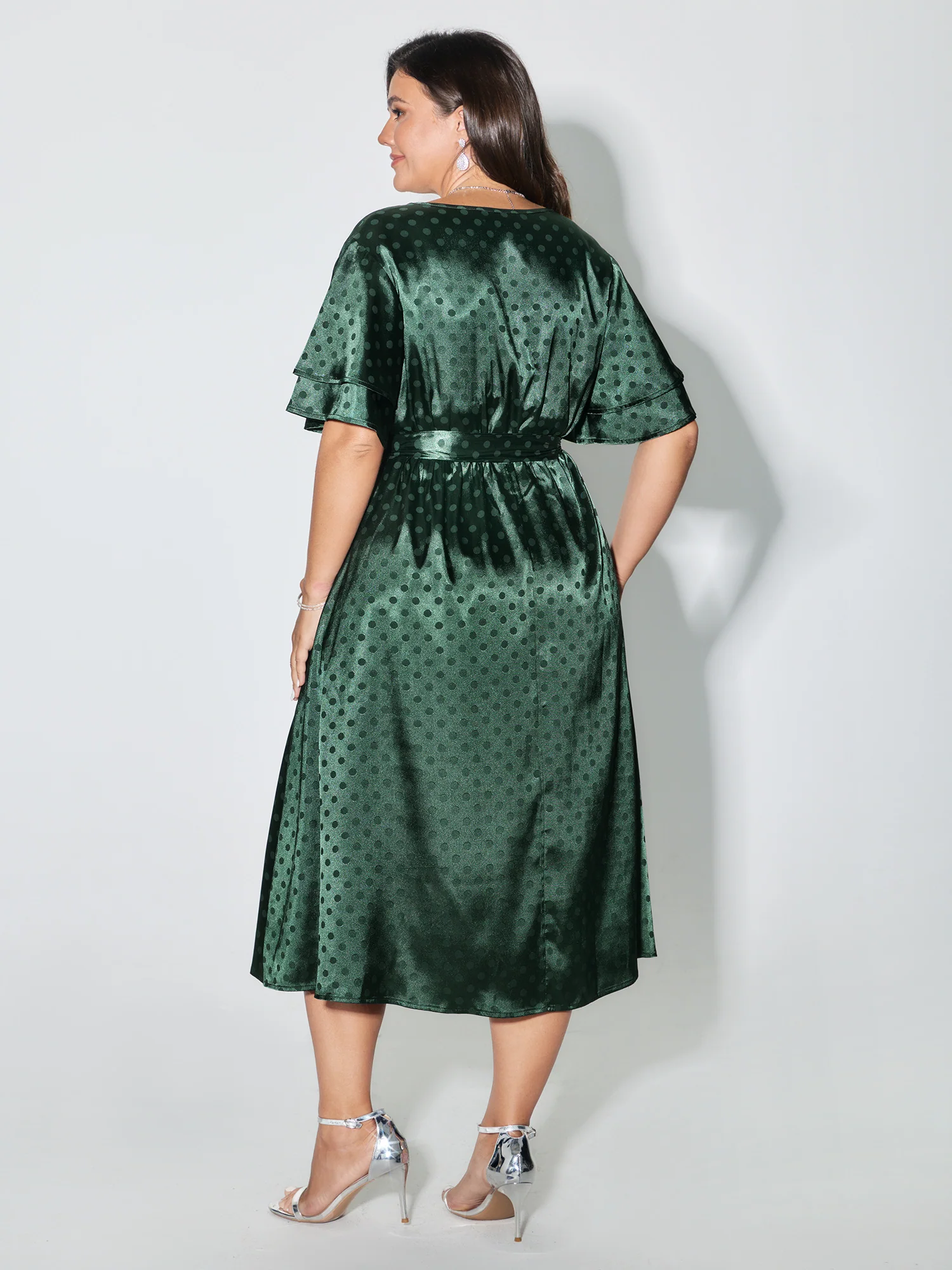 Polka Dots Jacquard Layered Ruffled Sleeve Midi Dress - Image 4
