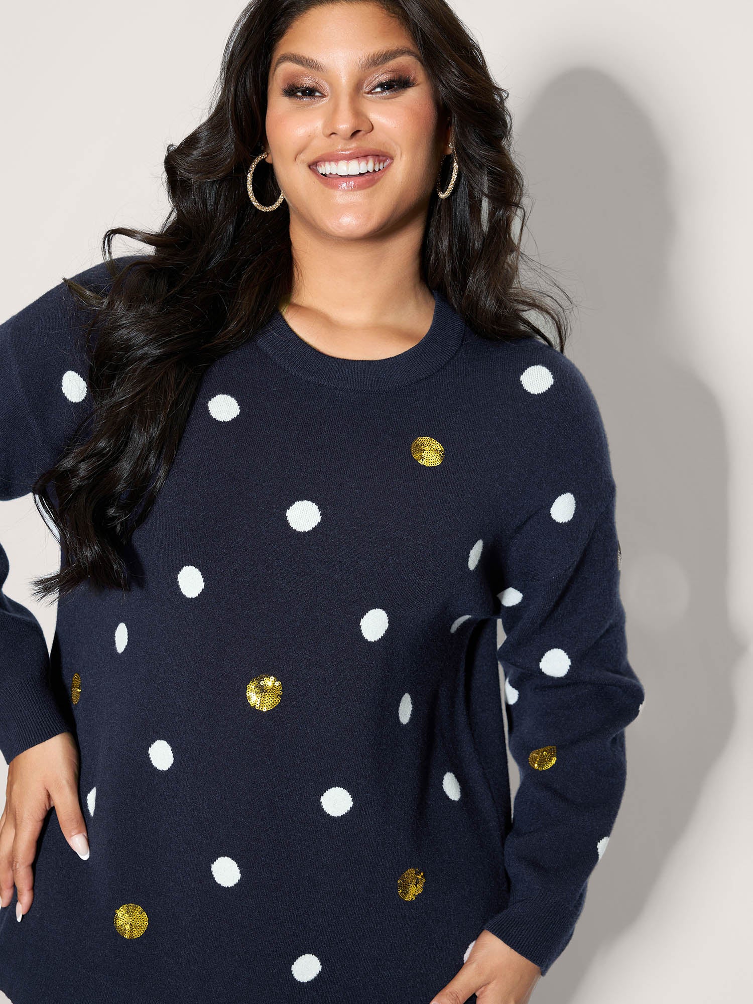 Polka Dots Jacquard Sequin Embroidery Pullover - Image 2