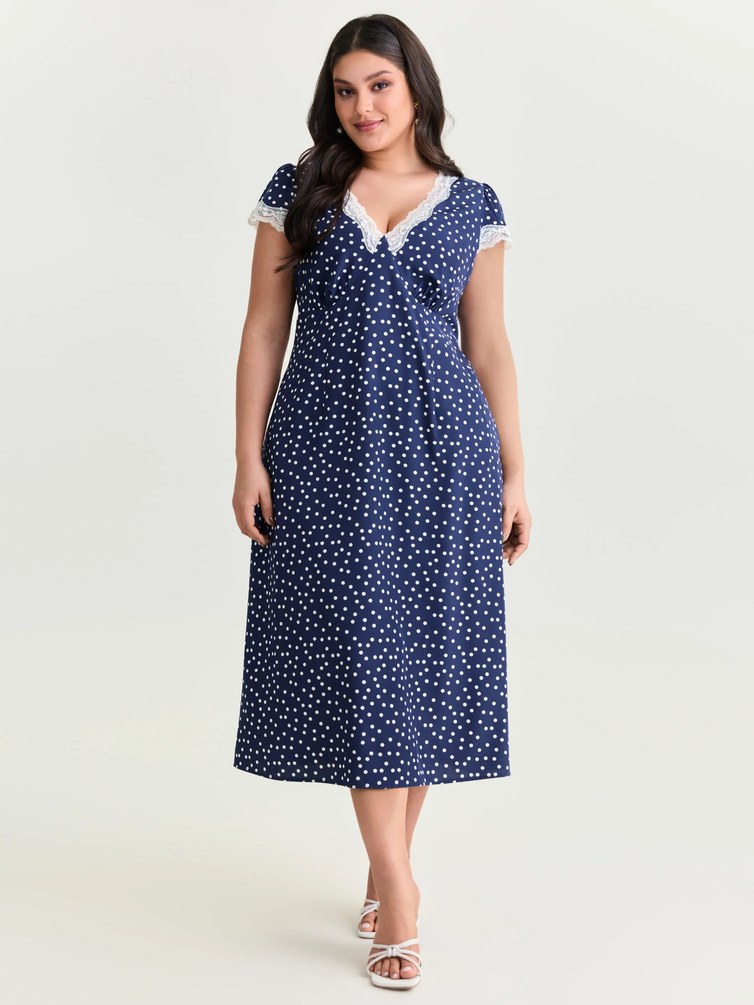 Polka Dots Lace Deep Neckline Midi Dress