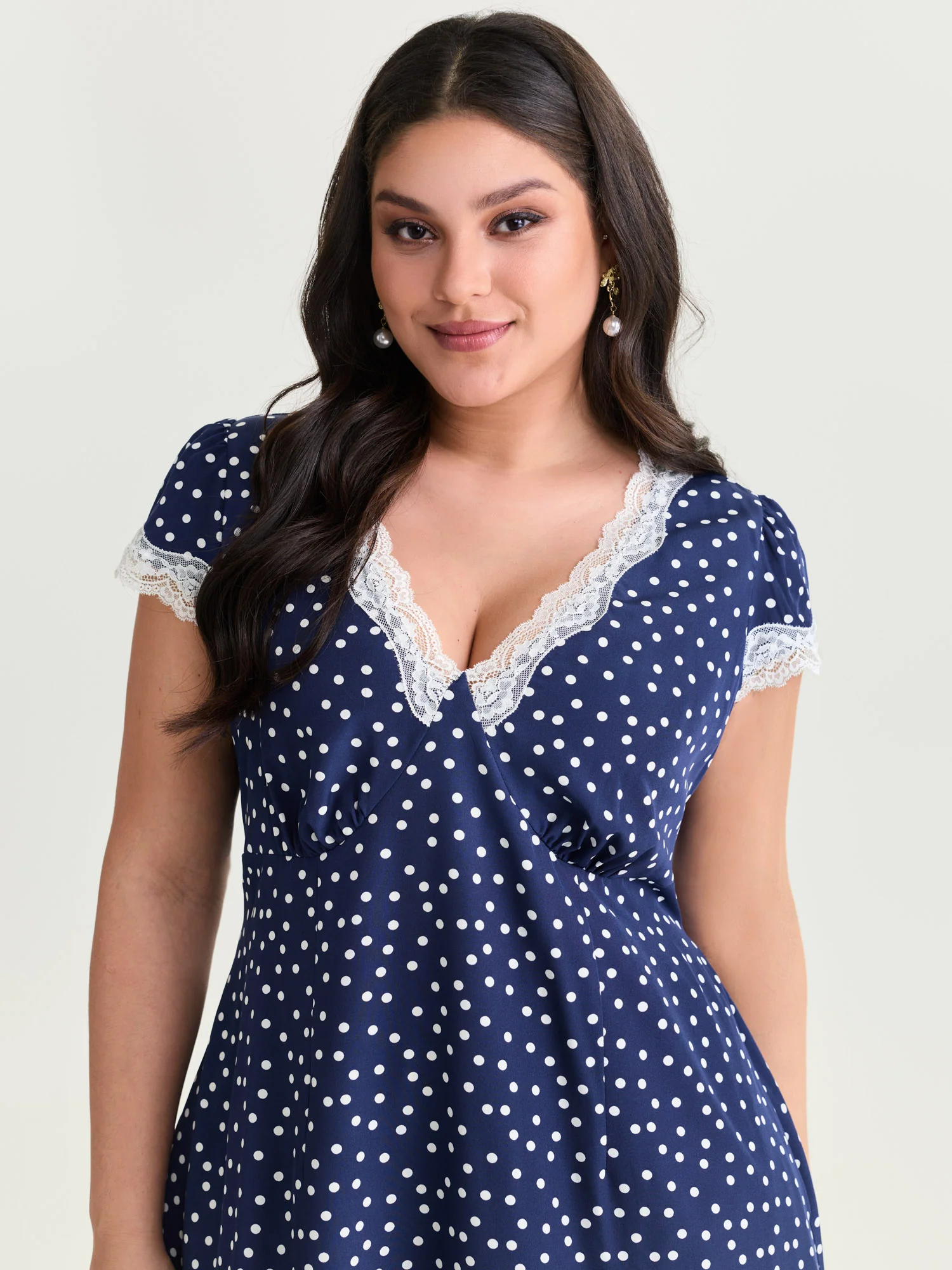 Polka Dots Lace Deep Neckline Midi Dress - Image 2