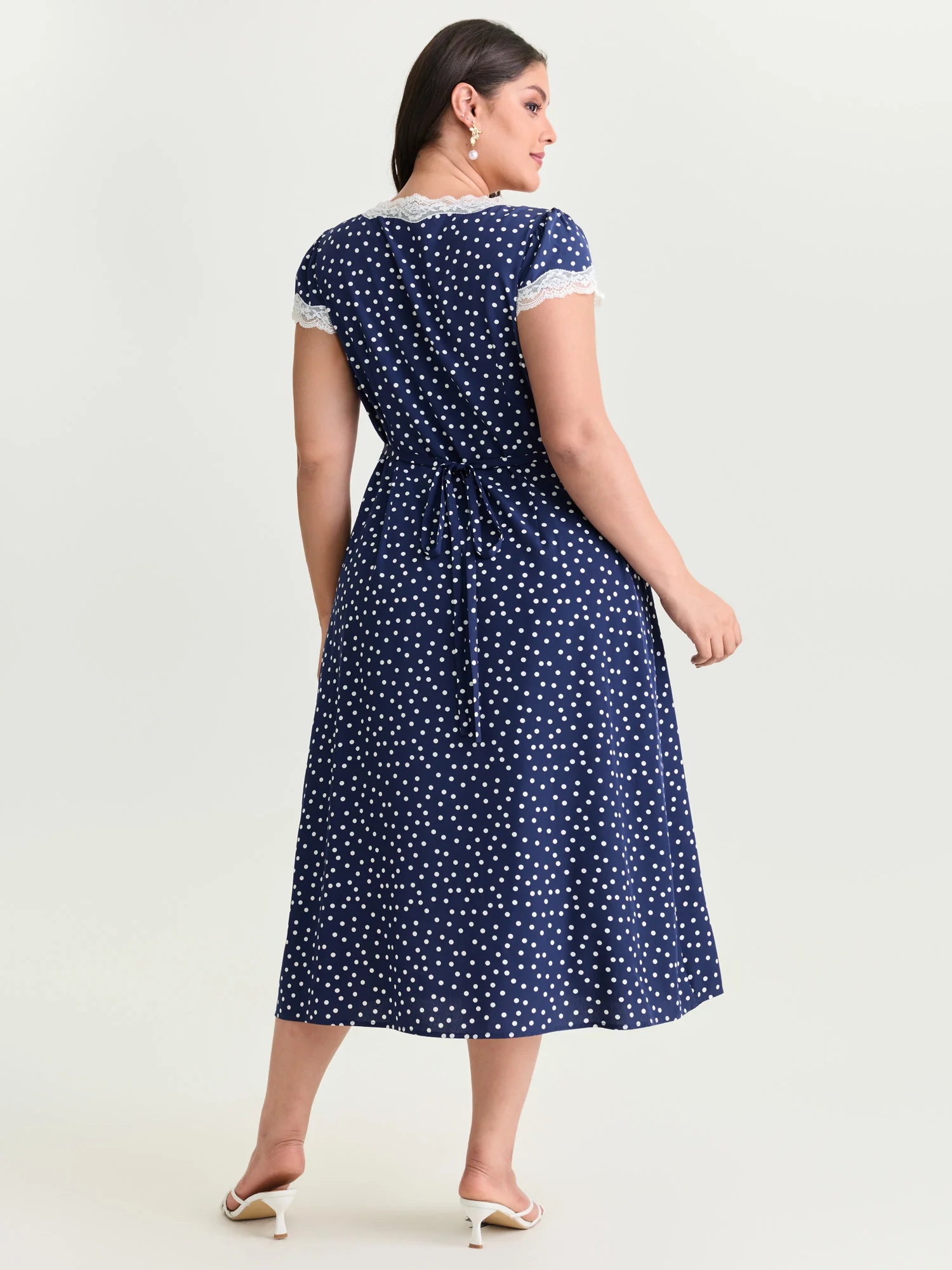 Polka Dots Lace Deep Neckline Midi Dress - Image 3