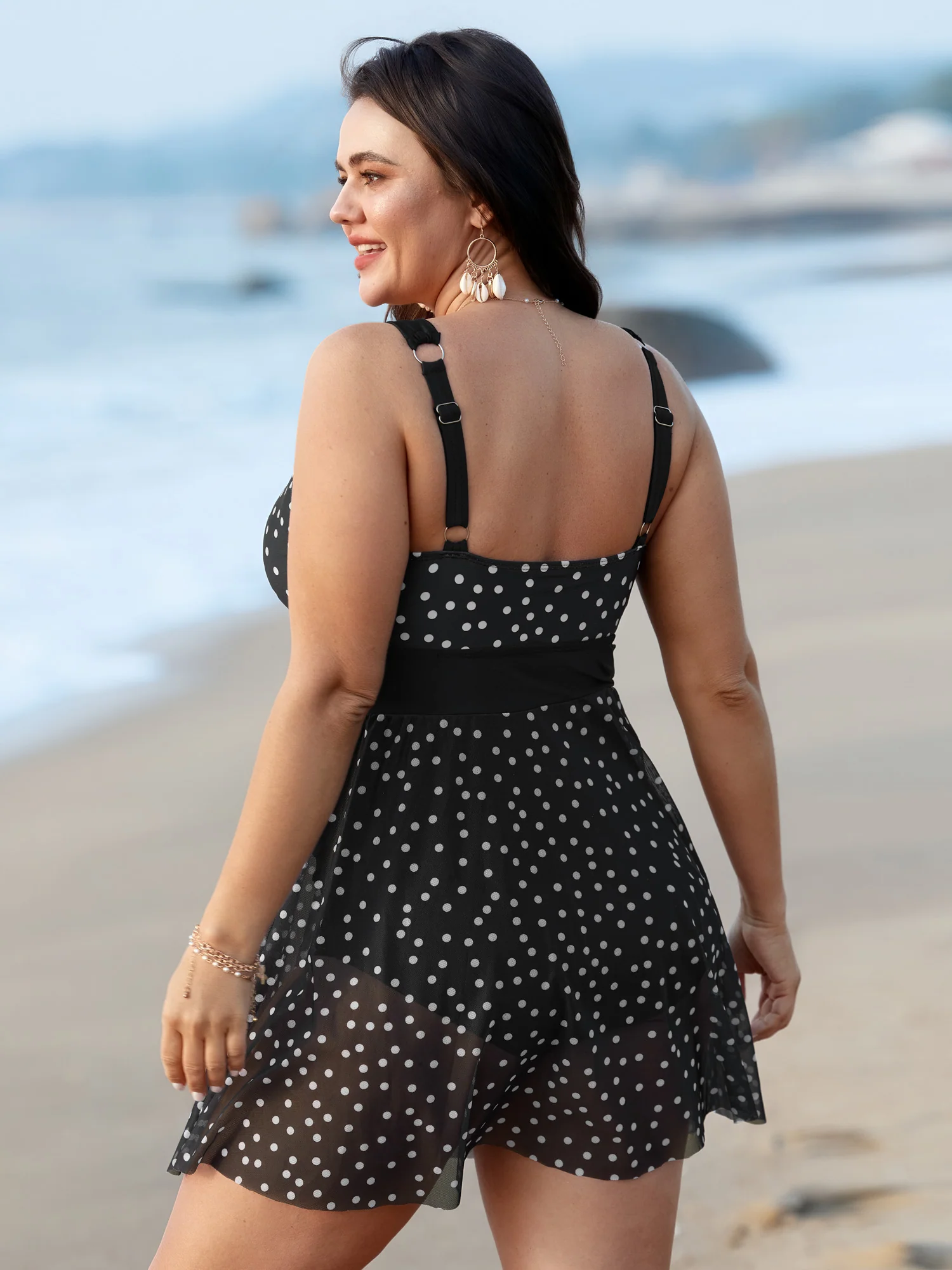 Polka Dots Mesh Neckline Tie Swim Dress - Image 6