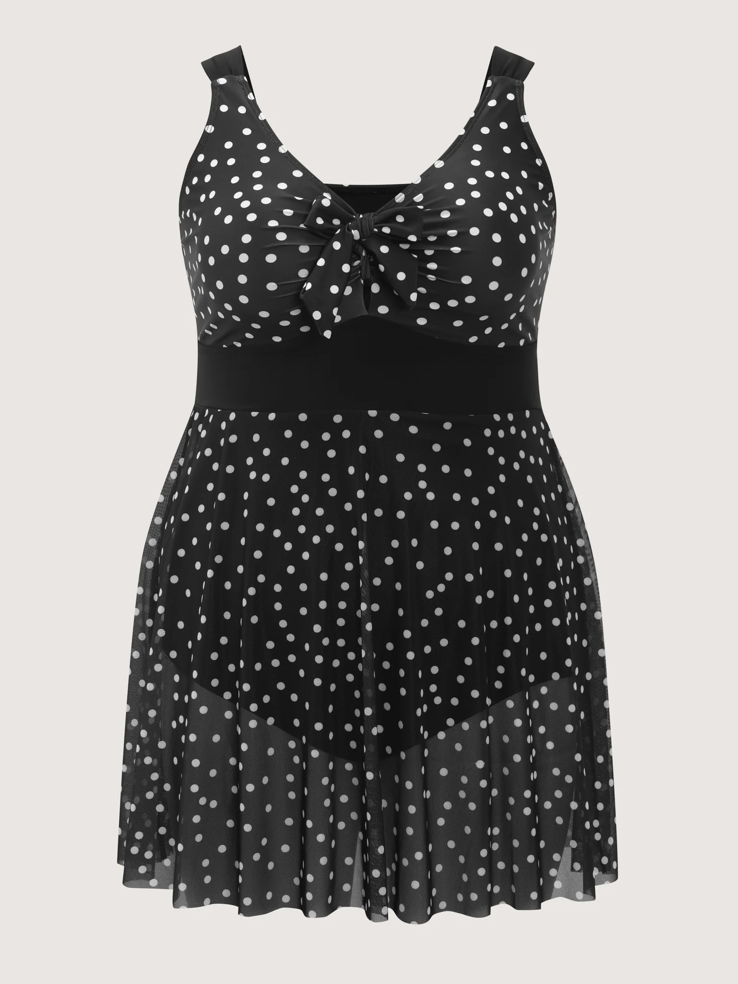 Polka Dots Mesh Neckline Tie Swim Dress - Image 7