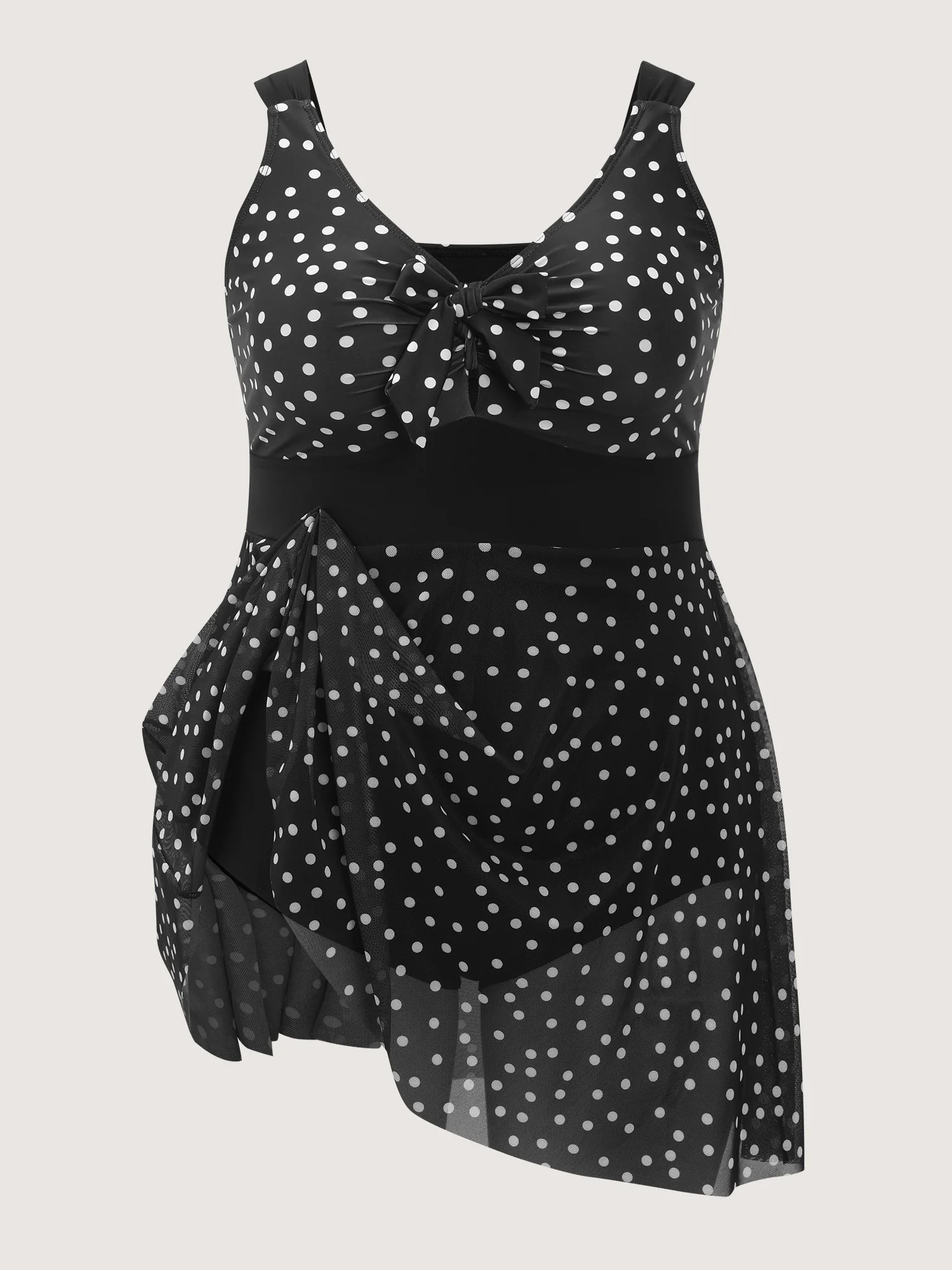 Polka Dots Mesh Neckline Tie Swim Dress - Image 8