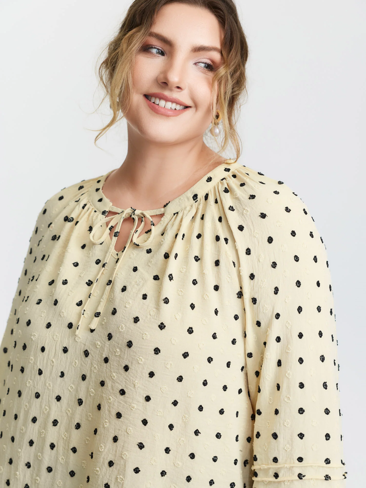 Polka Dots Neckline Tie Lace Blouse - Image 2
