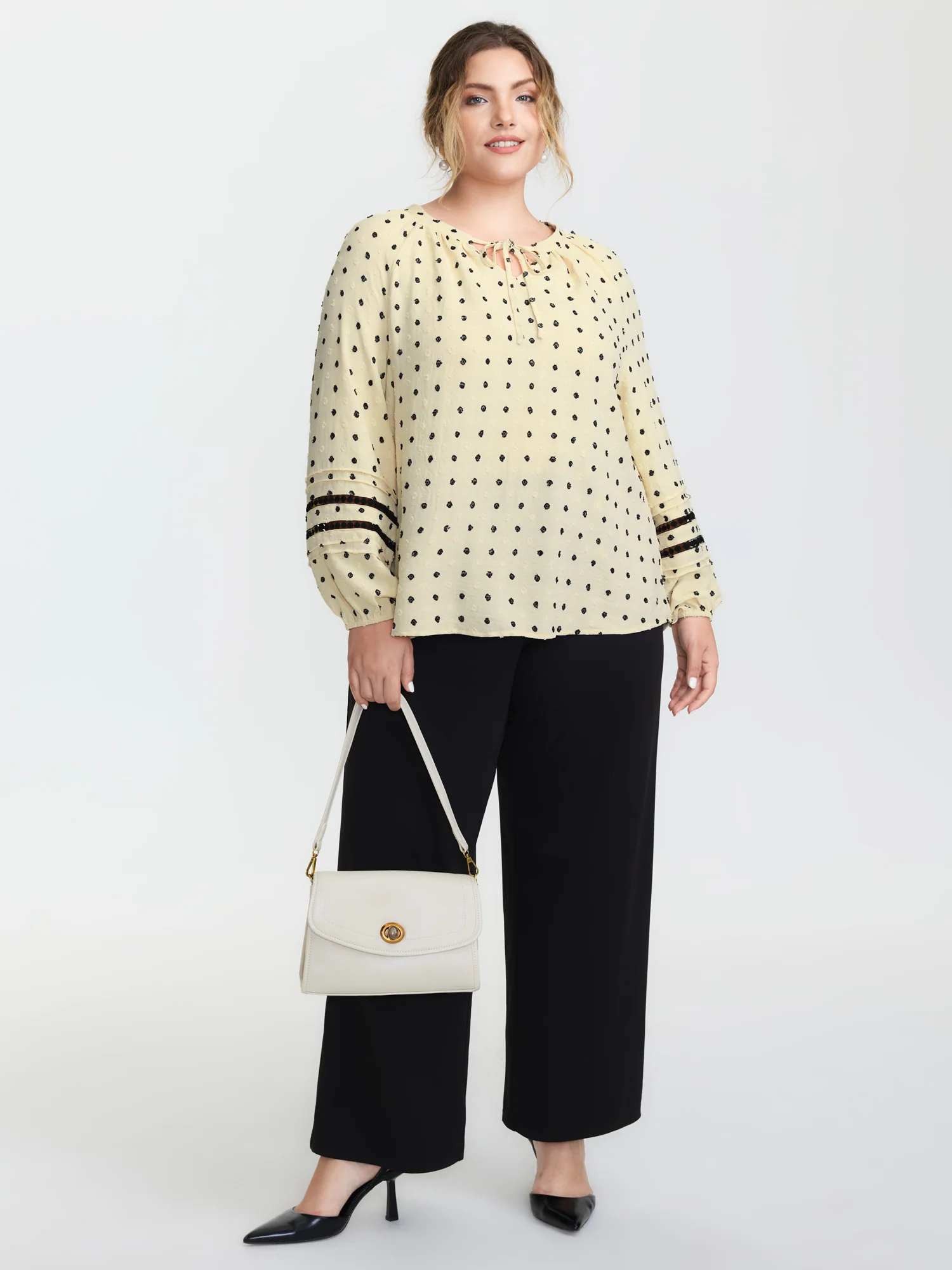 Polka Dots Neckline Tie Lace Blouse - Image 3