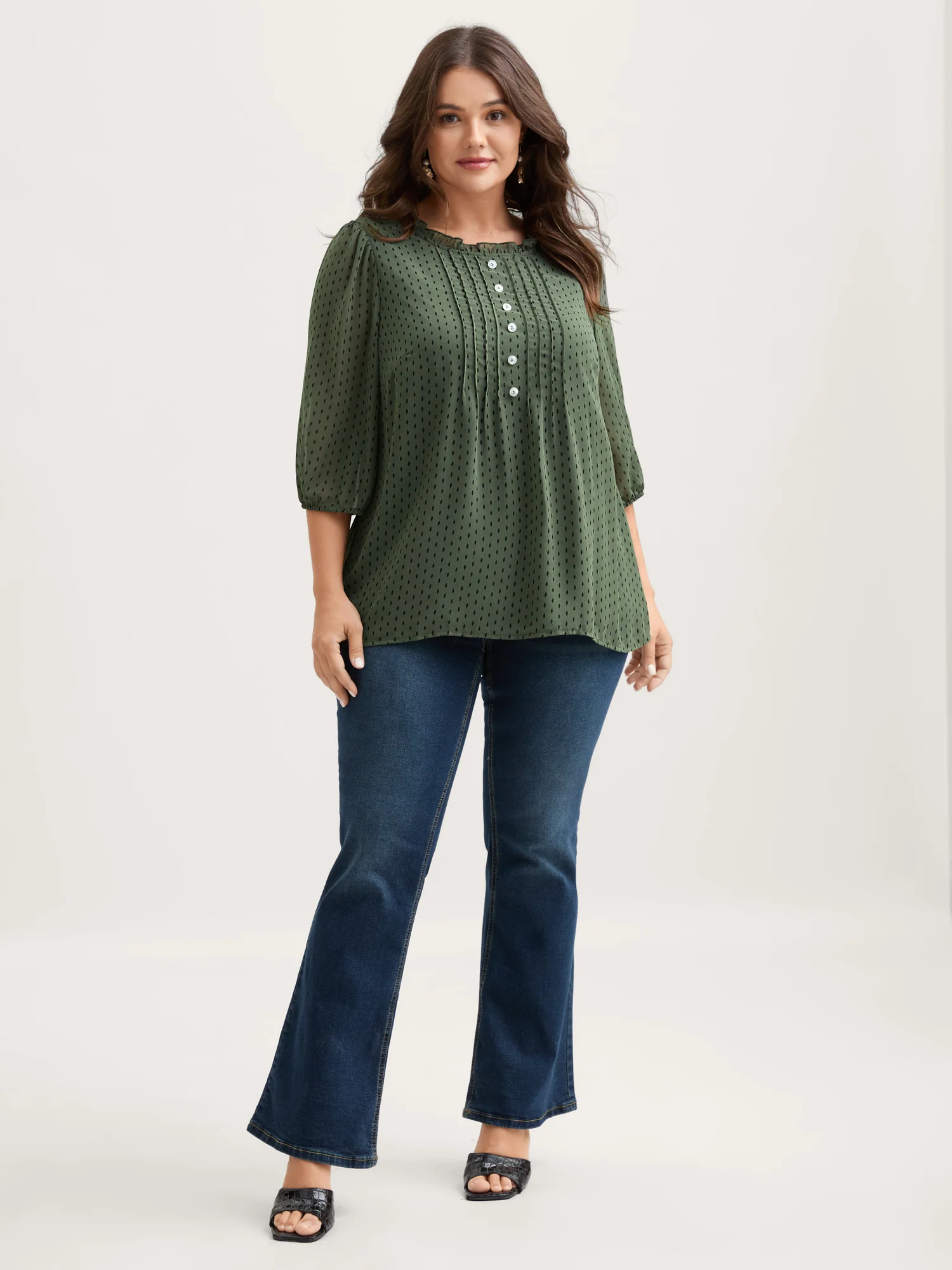 Polka Dots Pin Tuck Button Detail Blouse - Image 3