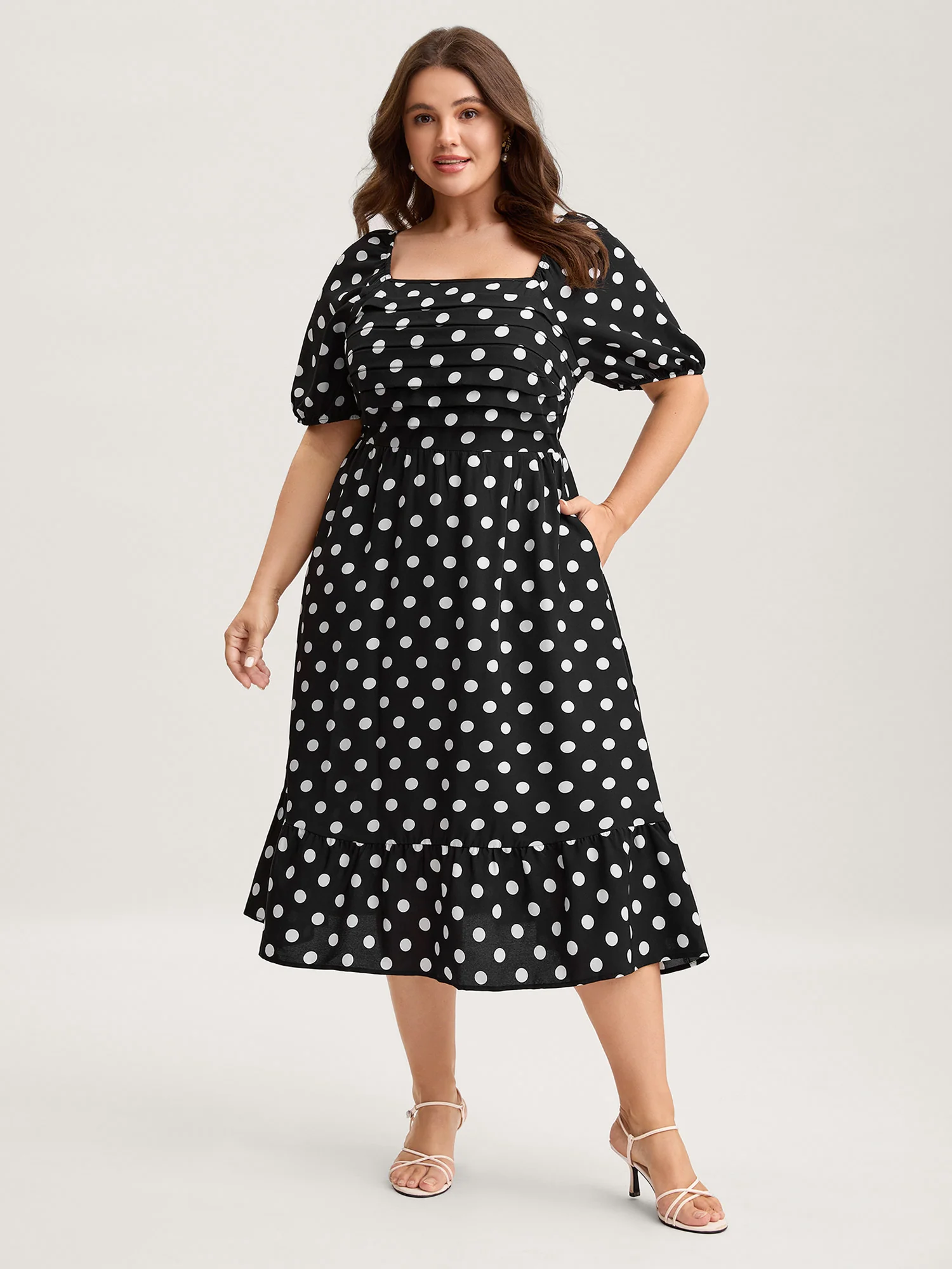 Polka Dots Pleated Bodice Midi Dress - Image 2