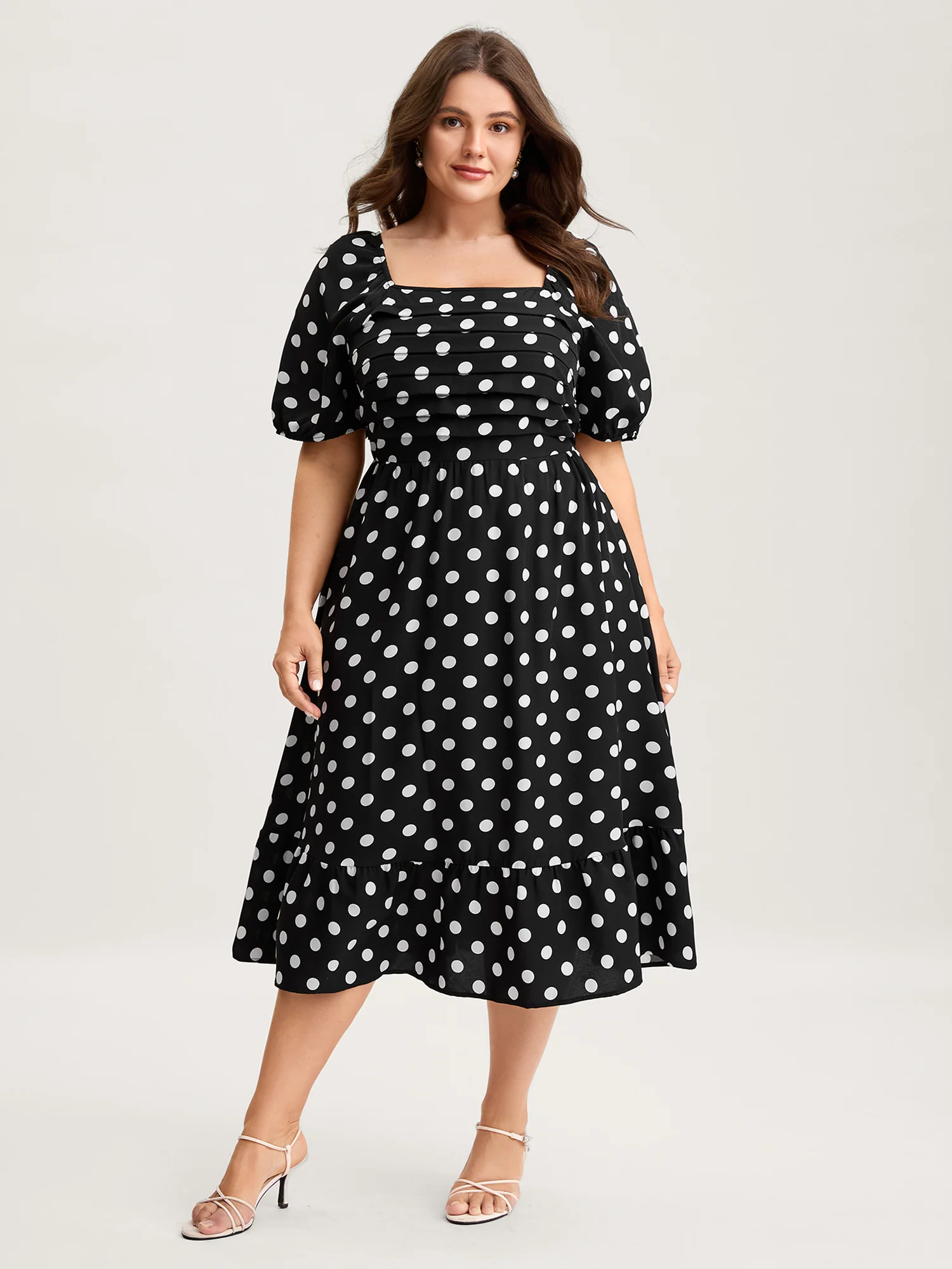 Polka Dots Pleated Bodice Midi Dress - Image 3