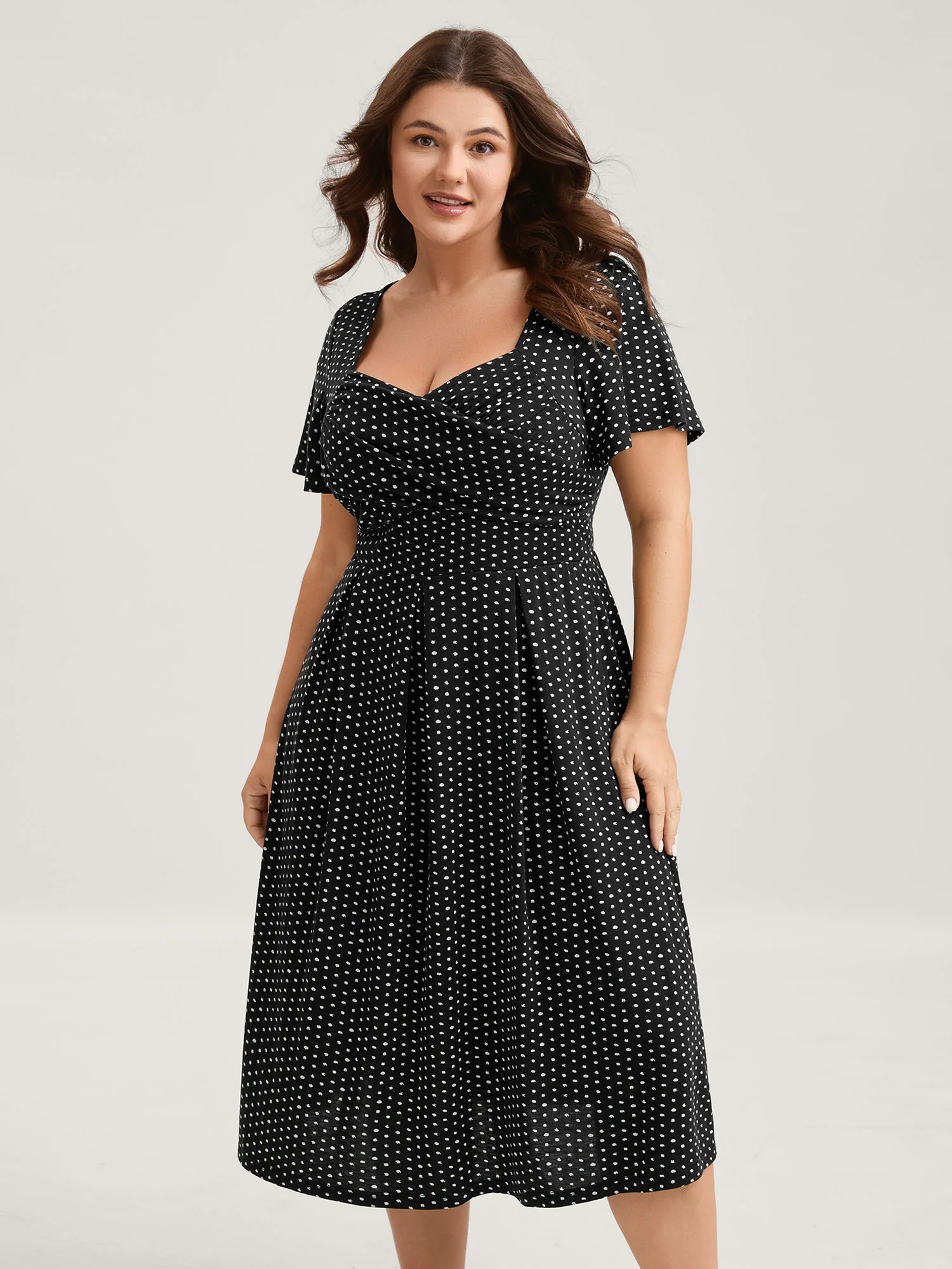 Polka Dots Pleated Overlap Bodice Midi Dress