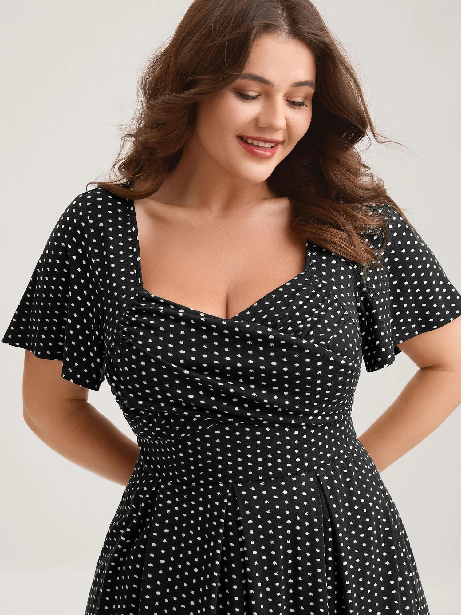Polka Dots Pleated Overlap Bodice Midi Dress - Image 2