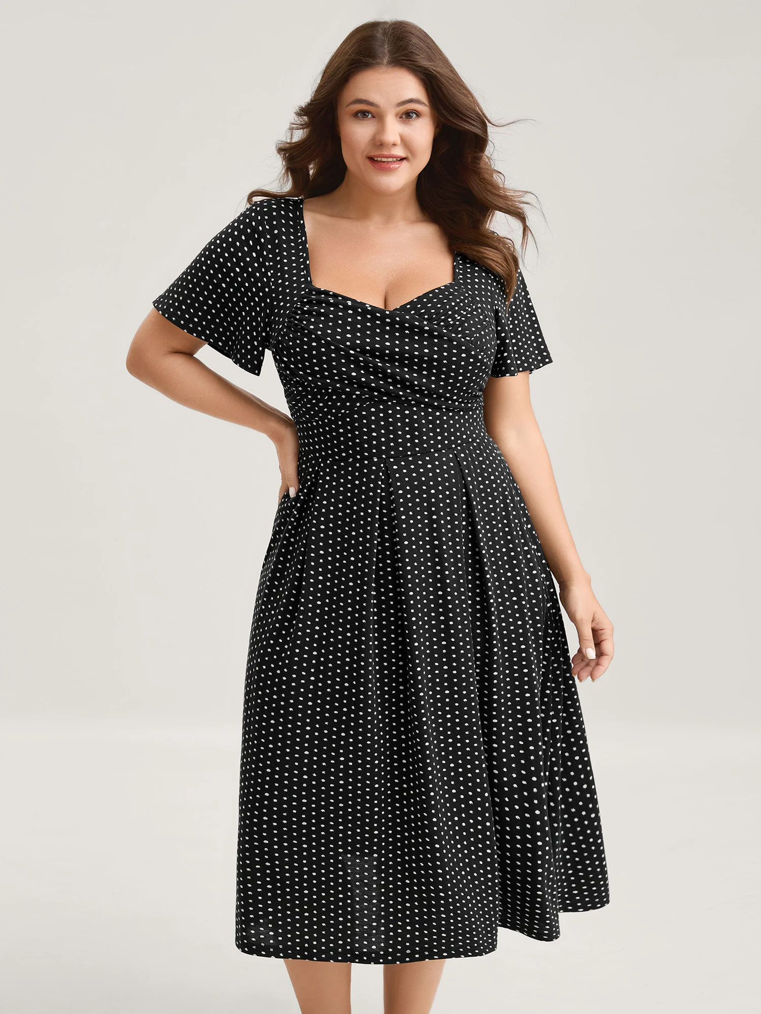 Polka Dots Pleated Overlap Bodice Midi Dress - Image 3