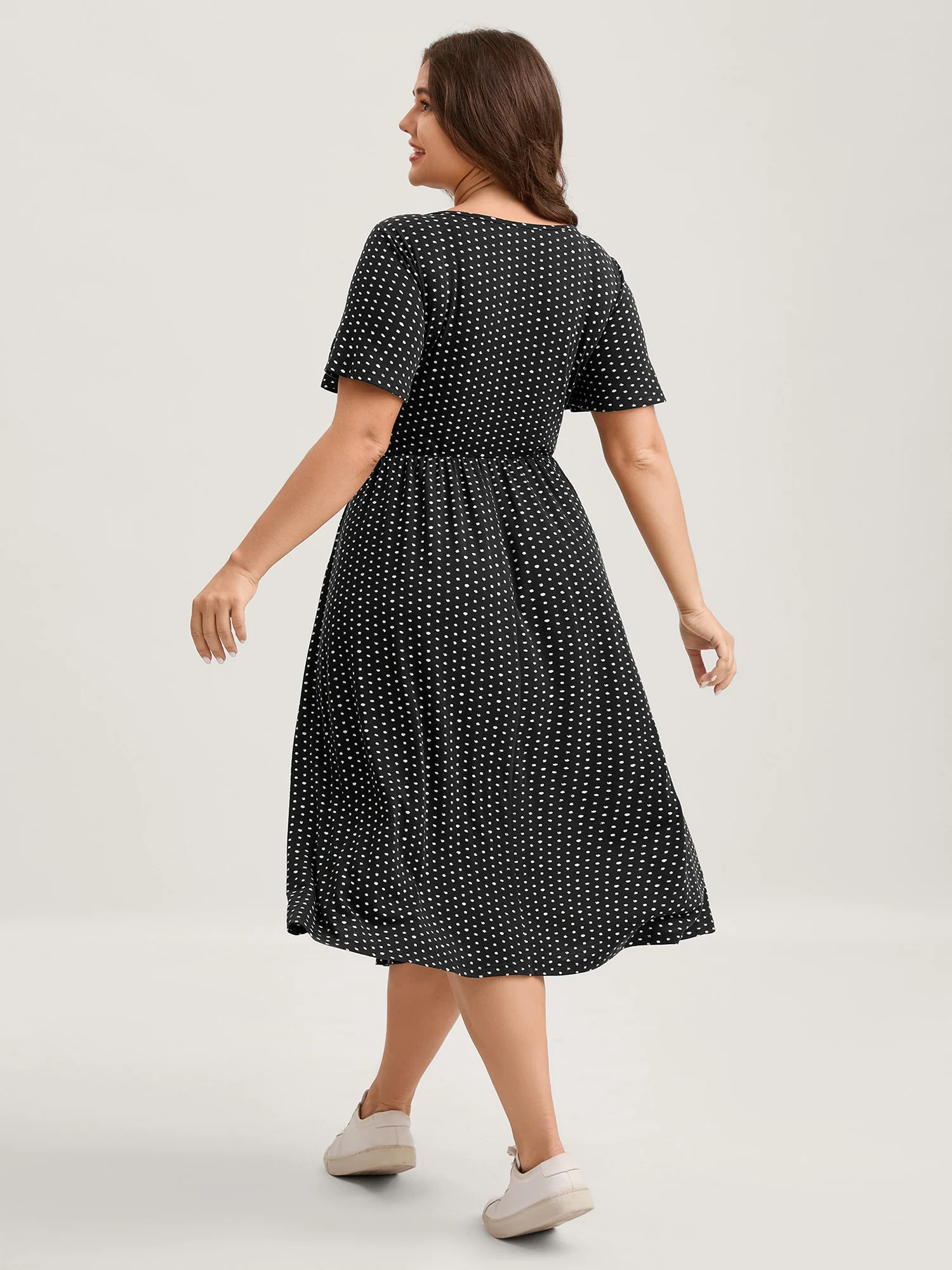 Polka Dots Pleated Overlap Bodice Midi Dress - Image 4