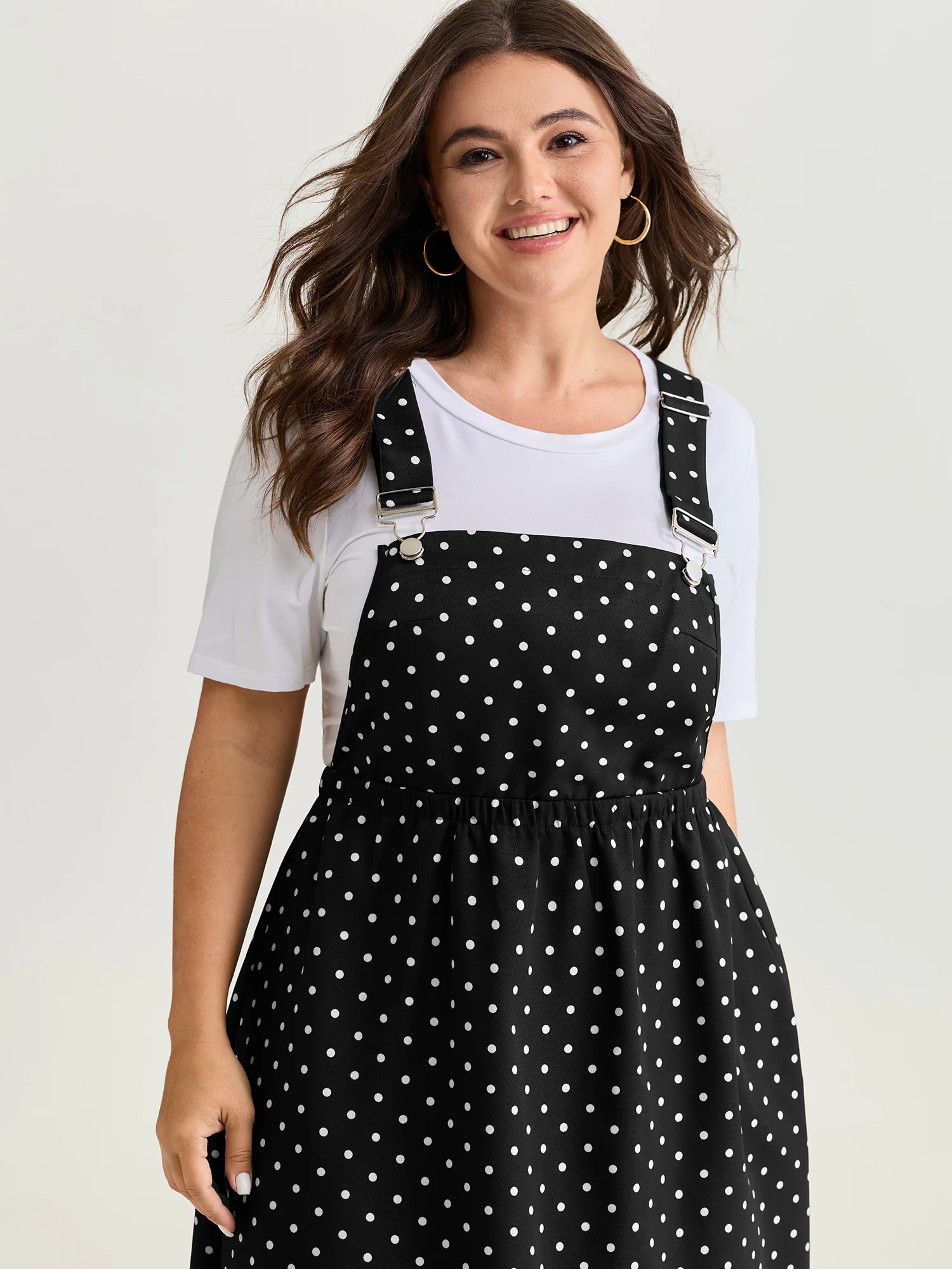 Polka Dots Print Adjustable Overall Midi Dress - Image 2