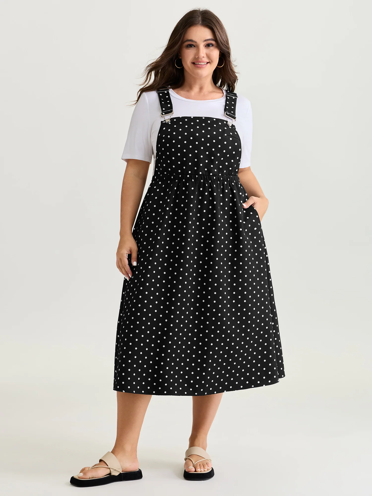 Polka Dots Print Adjustable Overall Midi Dress - Image 3